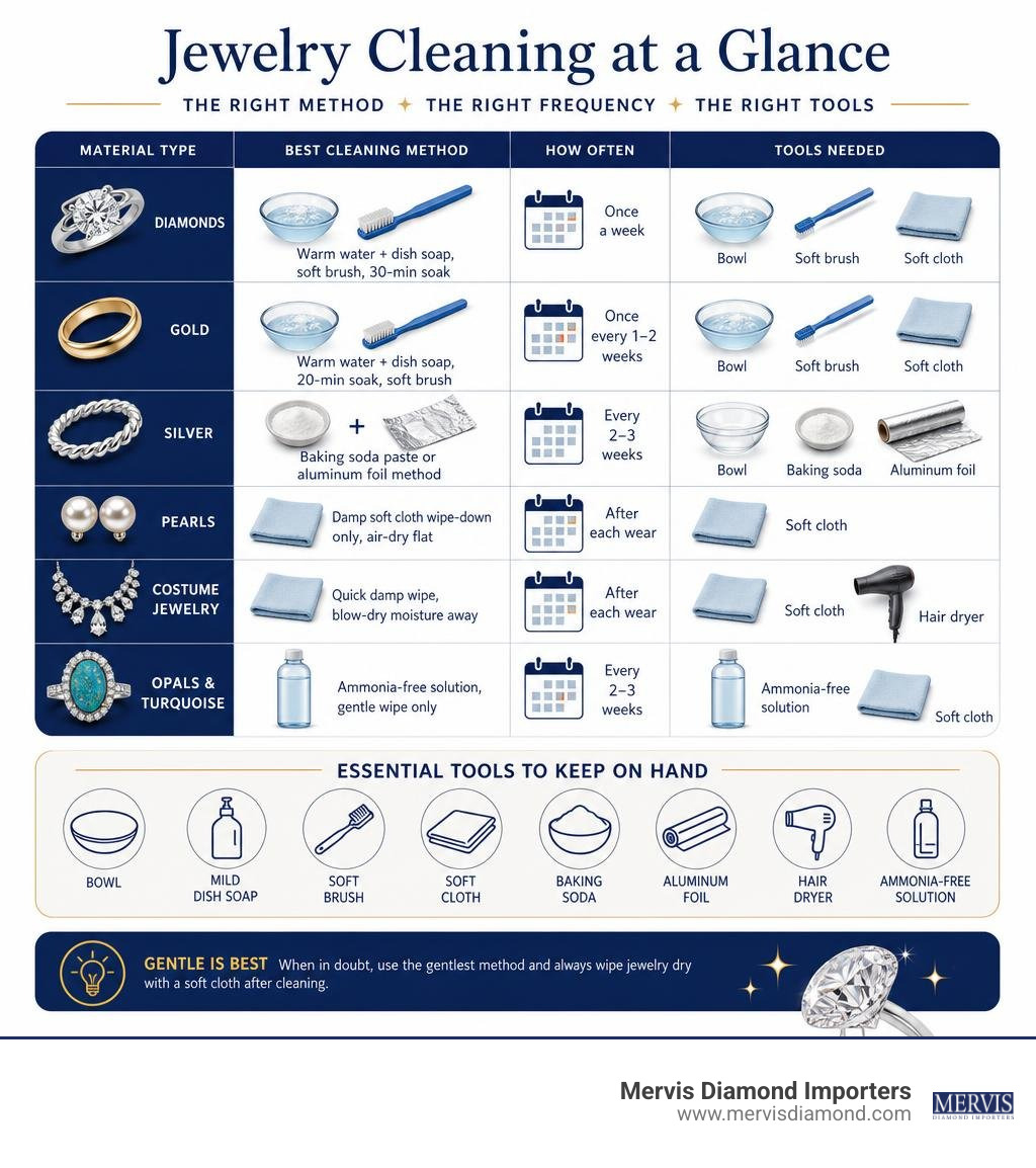 Infographic showing jewelry cleaning methods by material type, frequency, and tools needed infographic