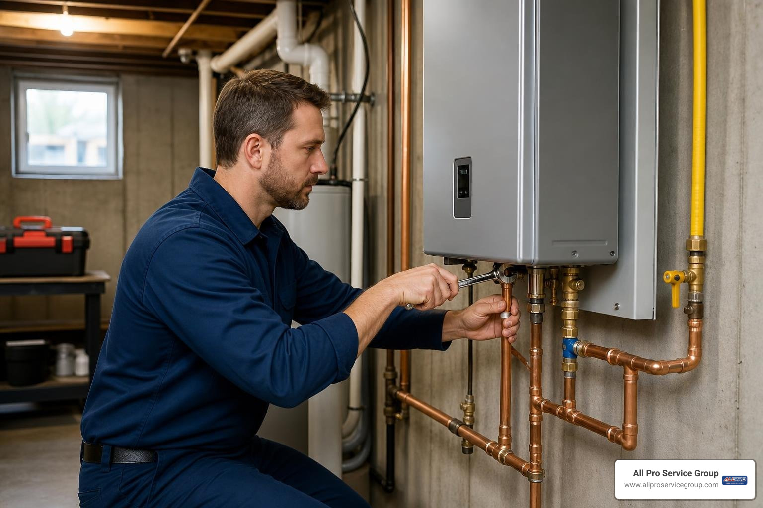 Professional plumber completing a Rinnai tankless gas hot water system installation Professional plumber completing a Rinnai tankless gas hot water system installation