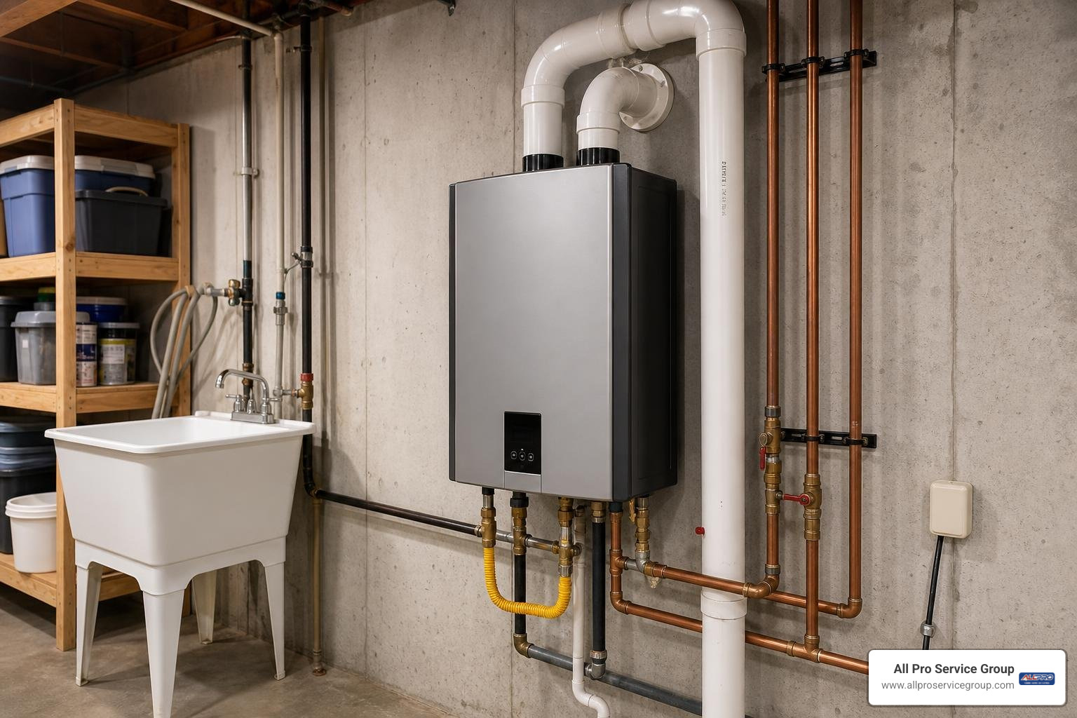 Rinnai tankless gas water heater installed on a basement wall Rinnai tankless gas water heater installed on a basement wall