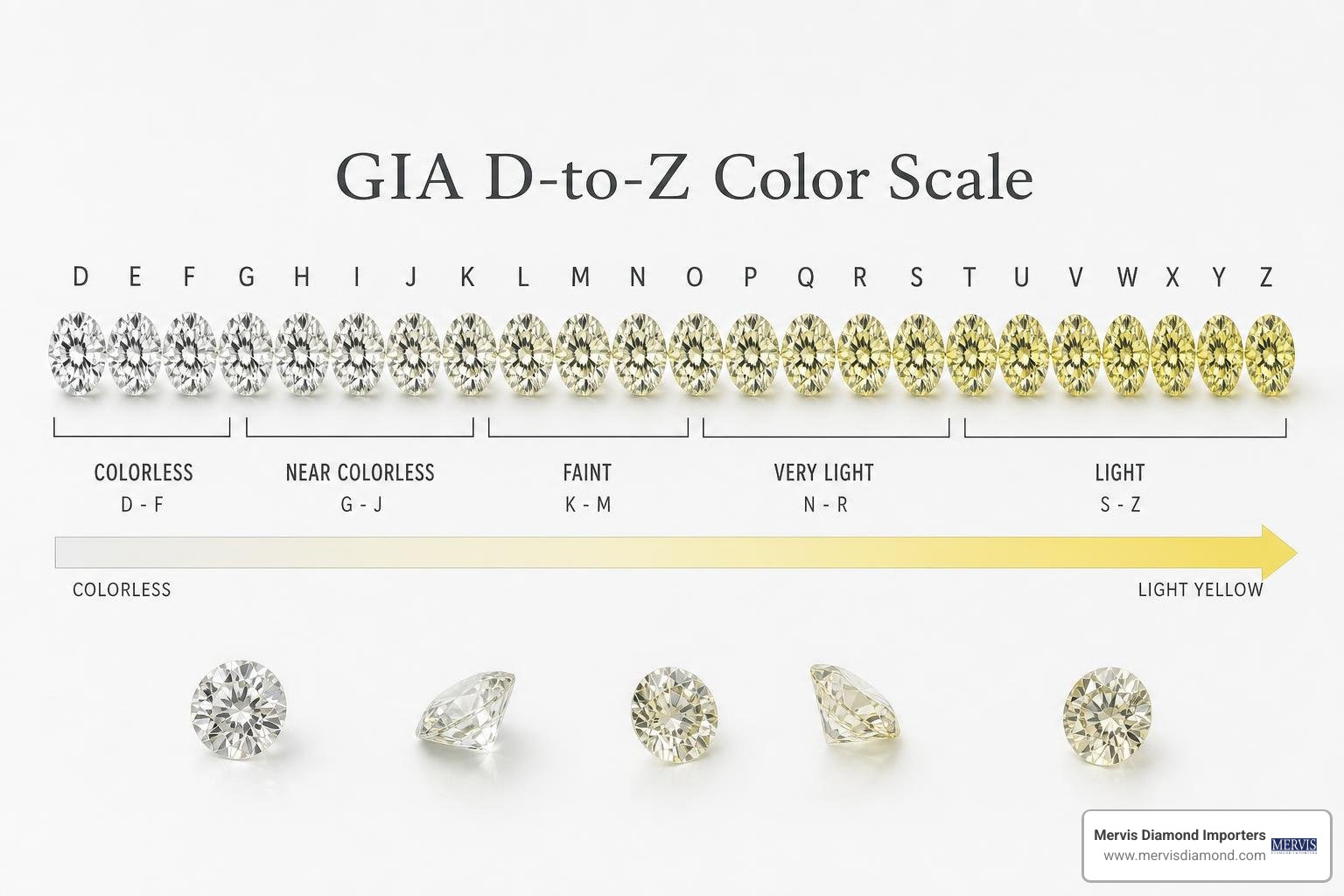 GIA D-to-Z color scale visual chart showing color progression from colorless to light yellow