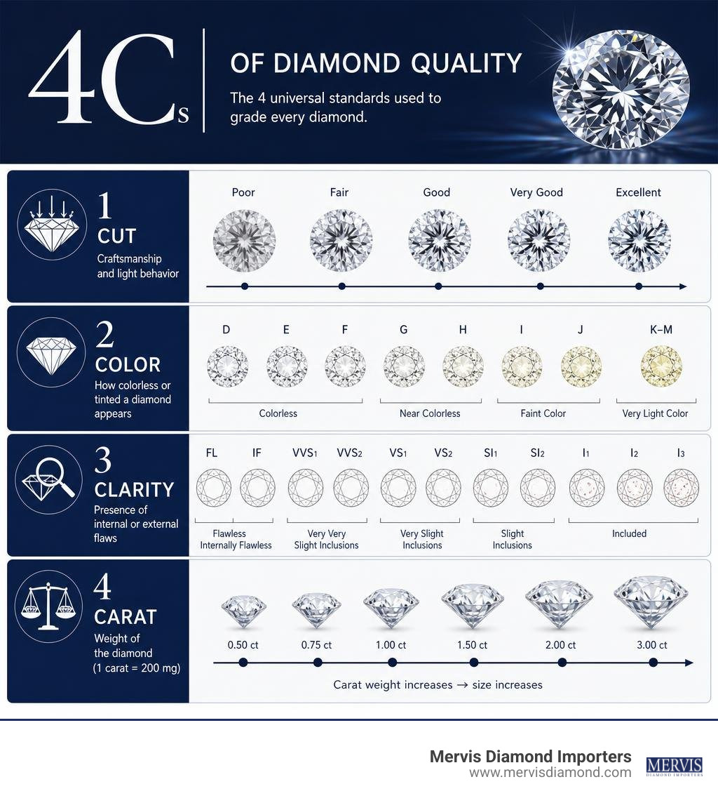 Infographic showing the 4Cs of diamond quality: Cut, Color, Clarity, and Carat with grade scales infographic