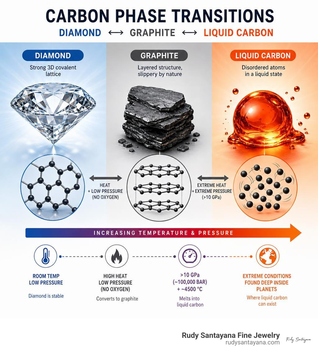 carbon phase transitions infographic showing diamond, graphite, and liquid carbon states infographic carbon phase transitions infographic showing diamond, graphite, and liquid carbon states infographic