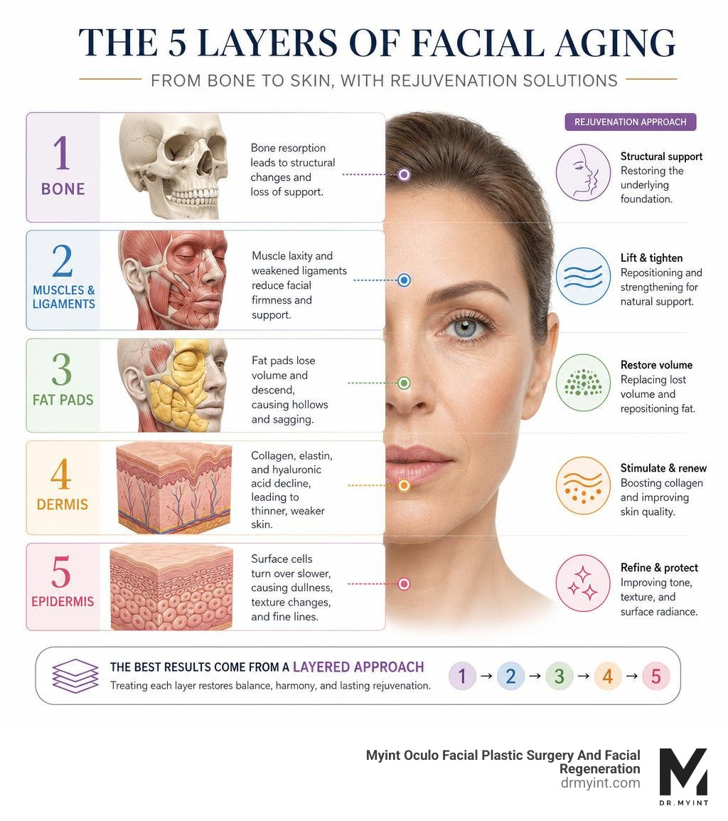 Infographic showing the five layers of facial aging from bone to skin with corresponding rejuvenation treatments infographic Infographic showing the five layers of facial aging from bone to skin with corresponding rejuvenation treatments infographic