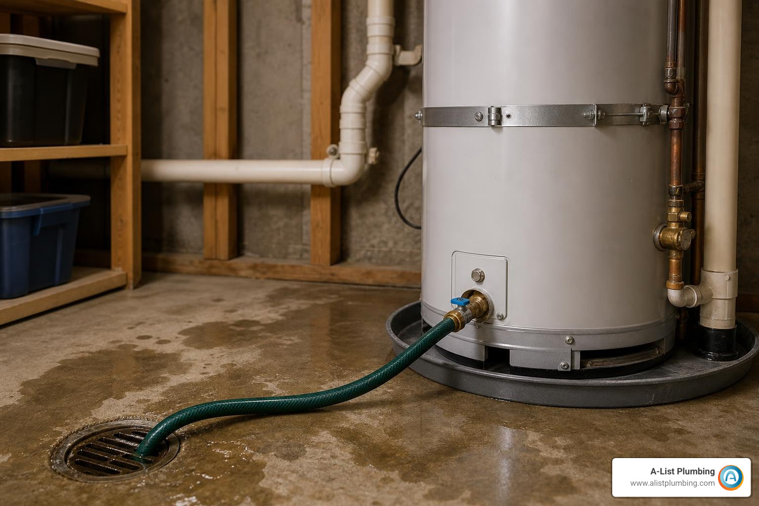 garden hose connected to a water heater drain valve