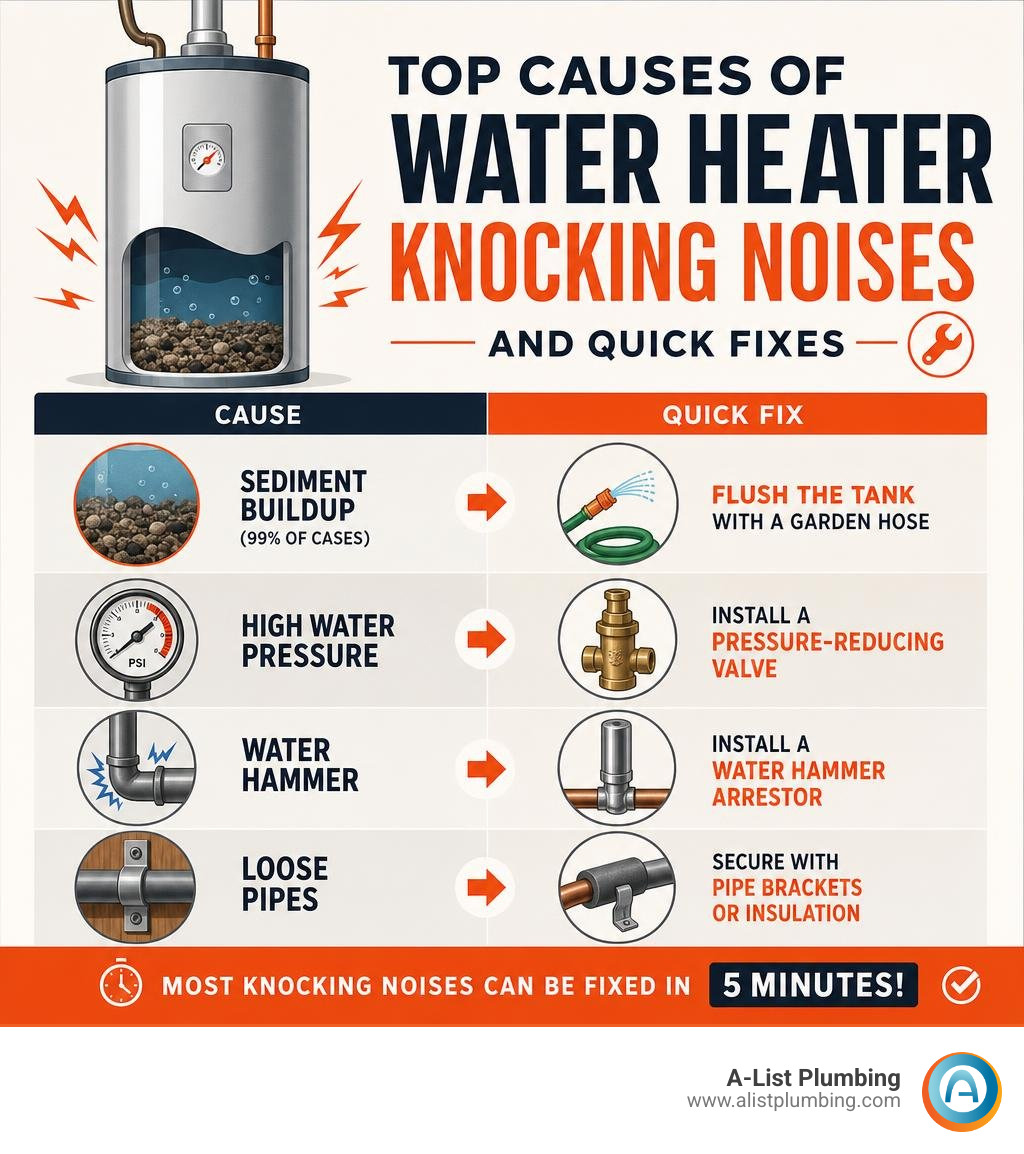 infographic showing top causes of water heater knocking noises and quick fixes infographic