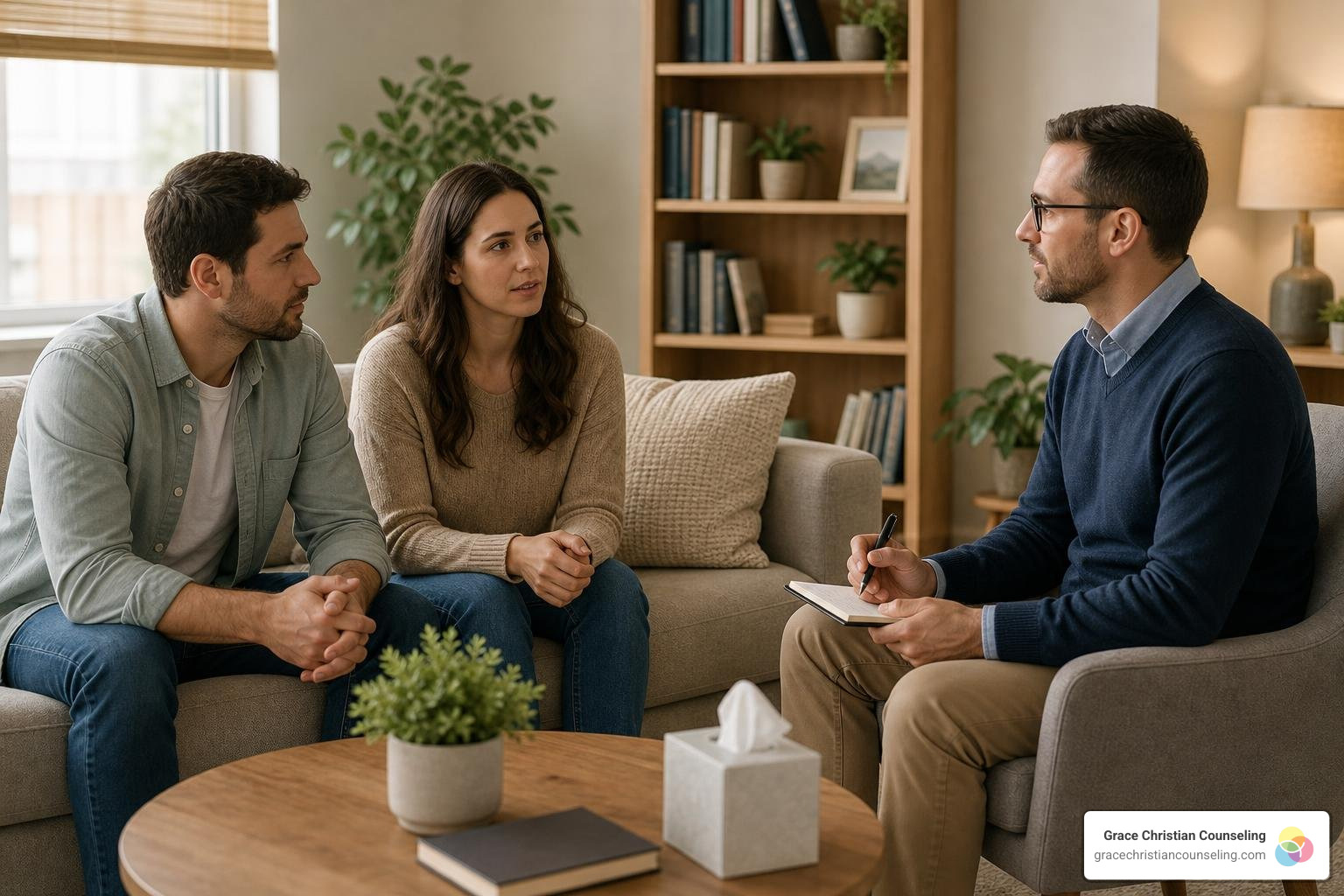 A compassionate counselor listening to a couple in a comfortable office setting