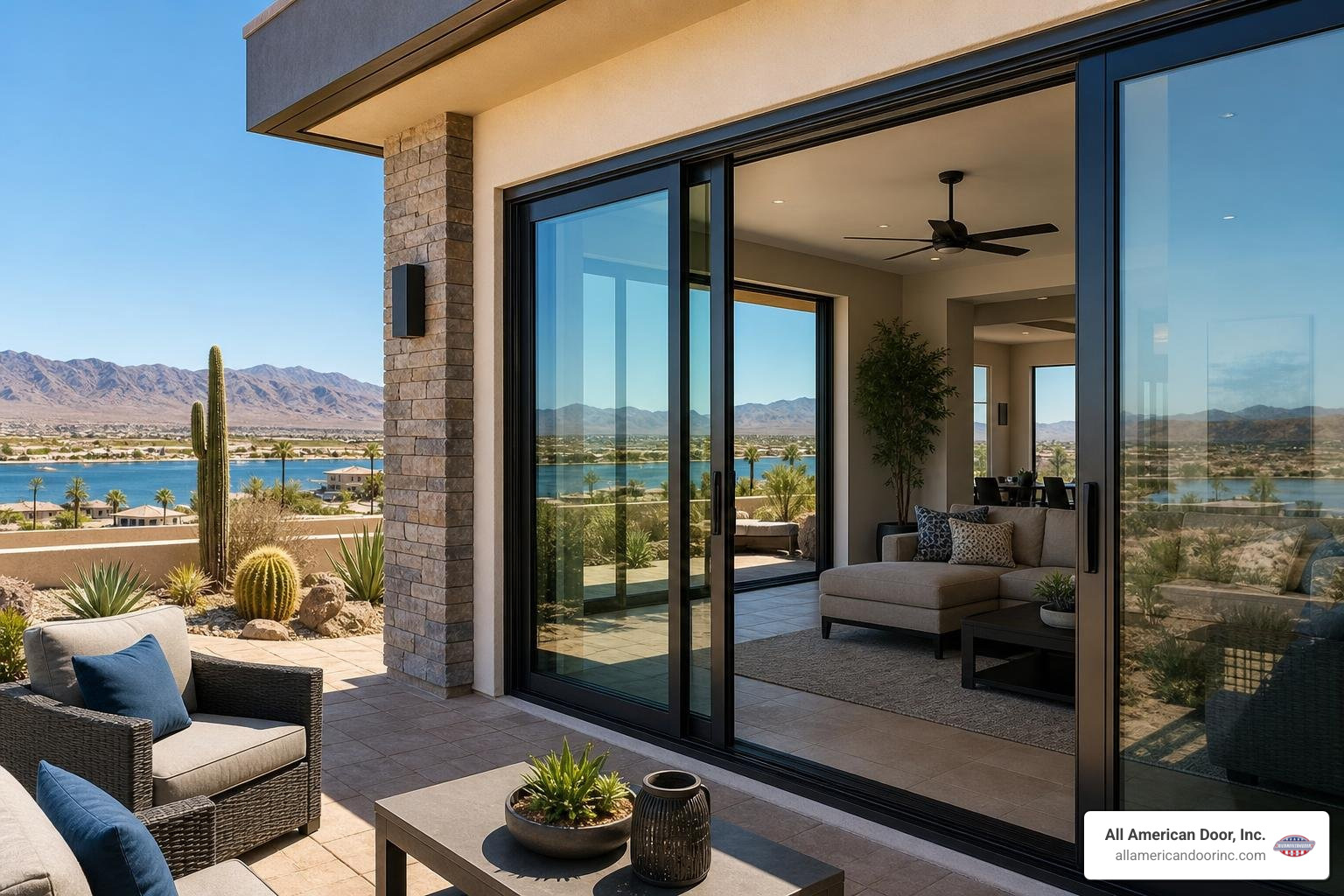 Sun-drenched patio in Lake Havasu City with energy efficient glass doors Sun-drenched patio in Lake Havasu City with energy efficient glass doors