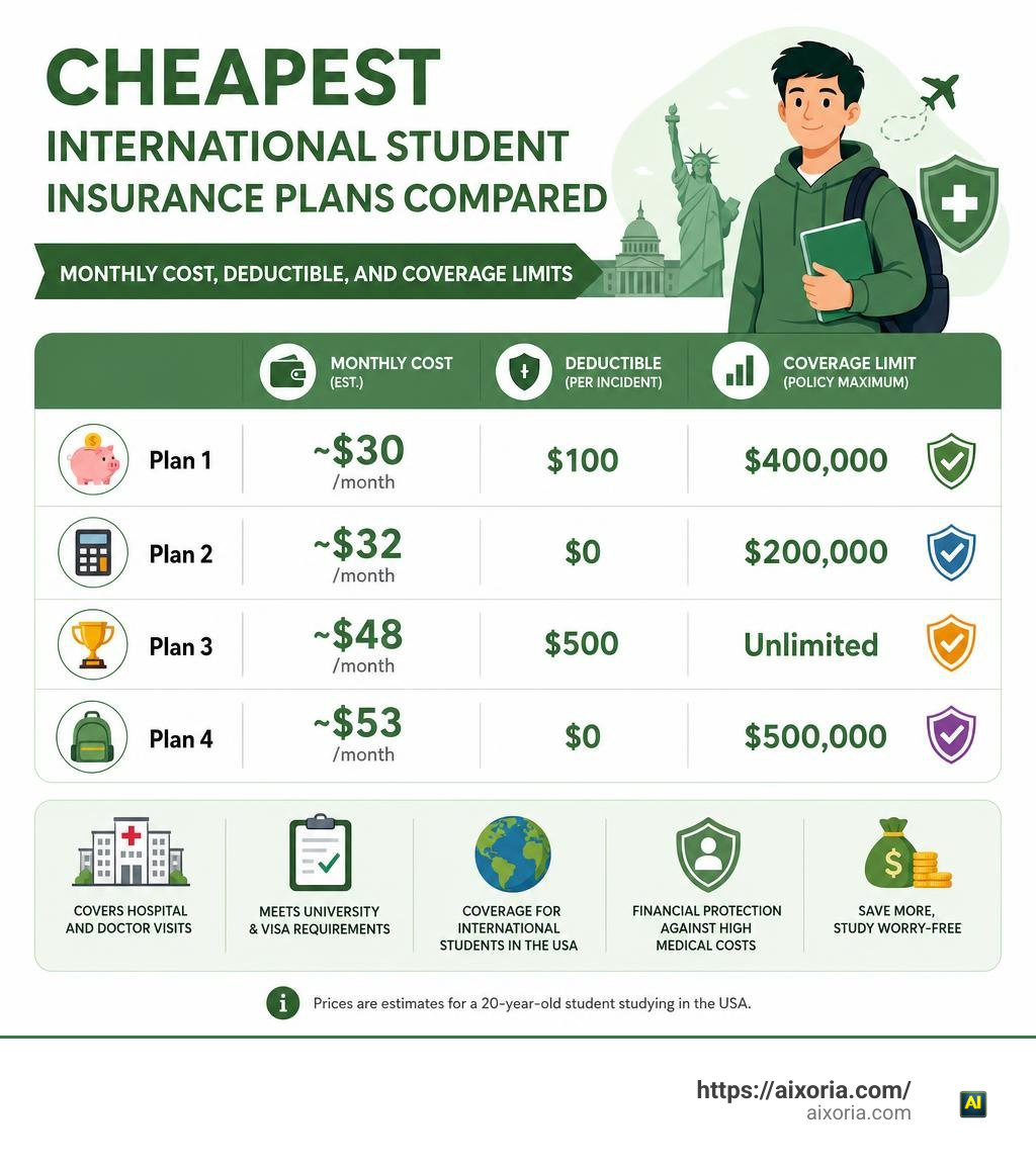Cheapest international student insurance plans compared: monthly cost, deductible, and coverage limits infographic