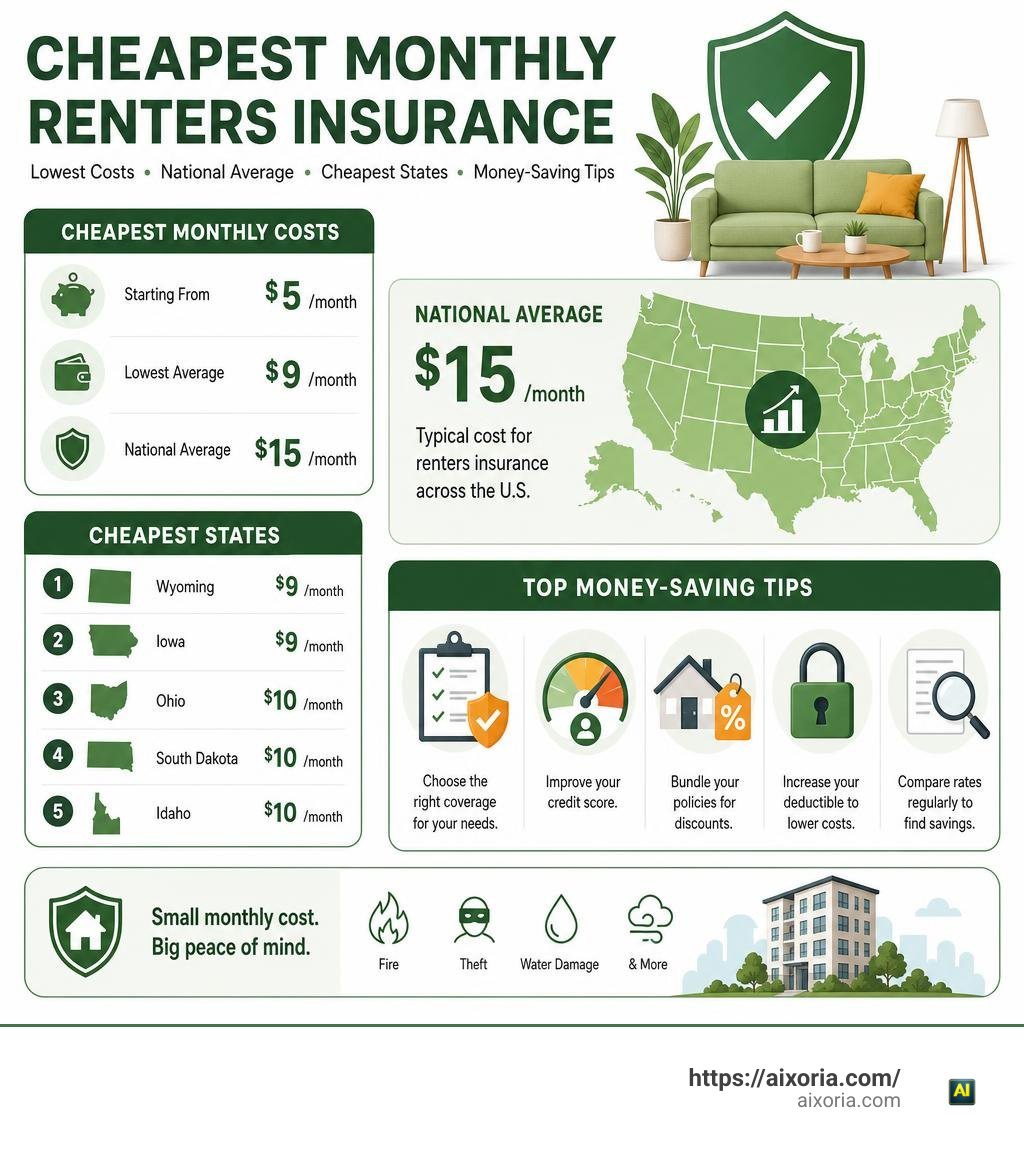 Infographic showing cheapest renters insurance monthly costs, national average, cheapest states, and top money-saving tips