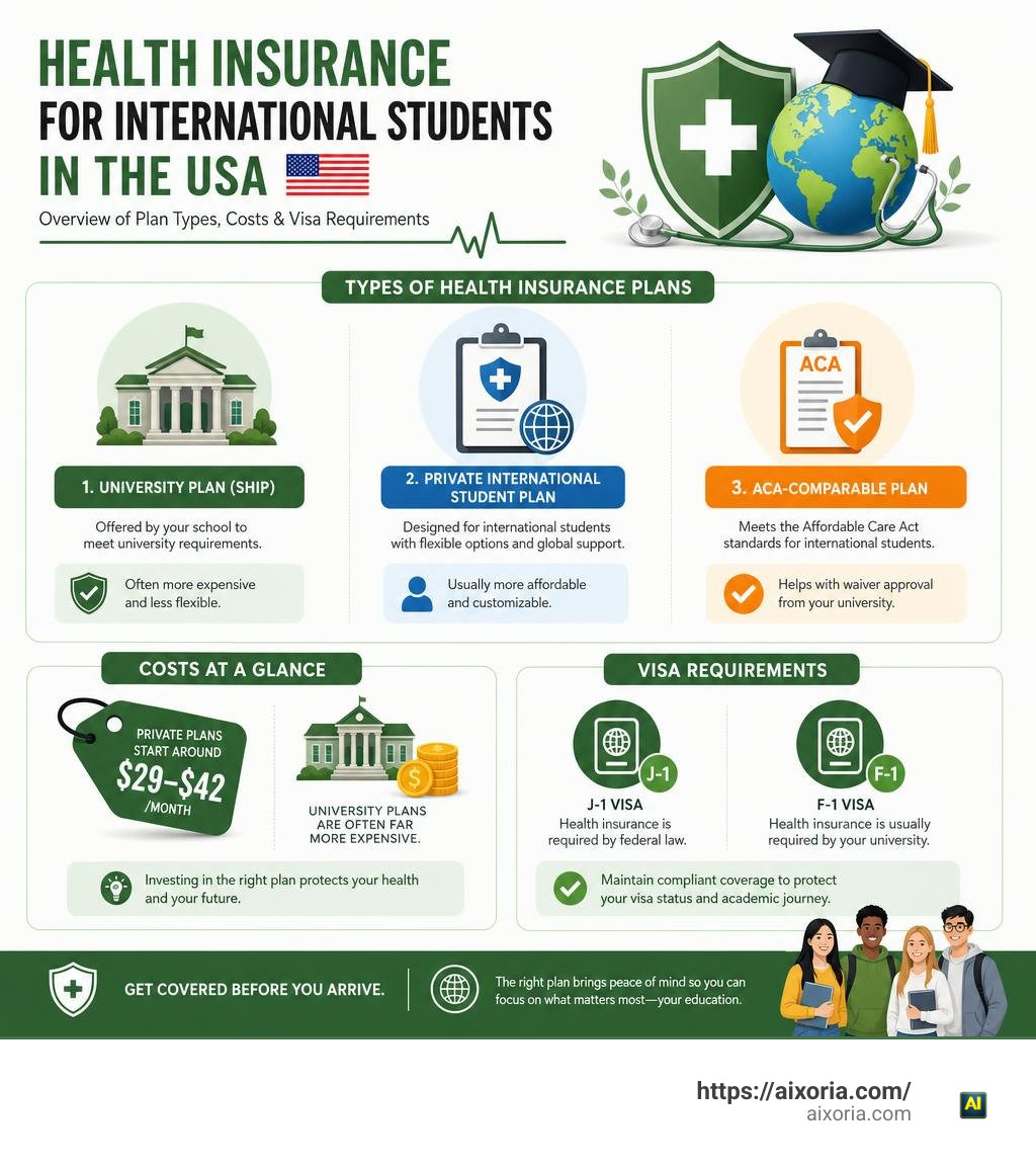 Overview infographic: types of health insurance plans for international students in the USA, costs, and visa requirements