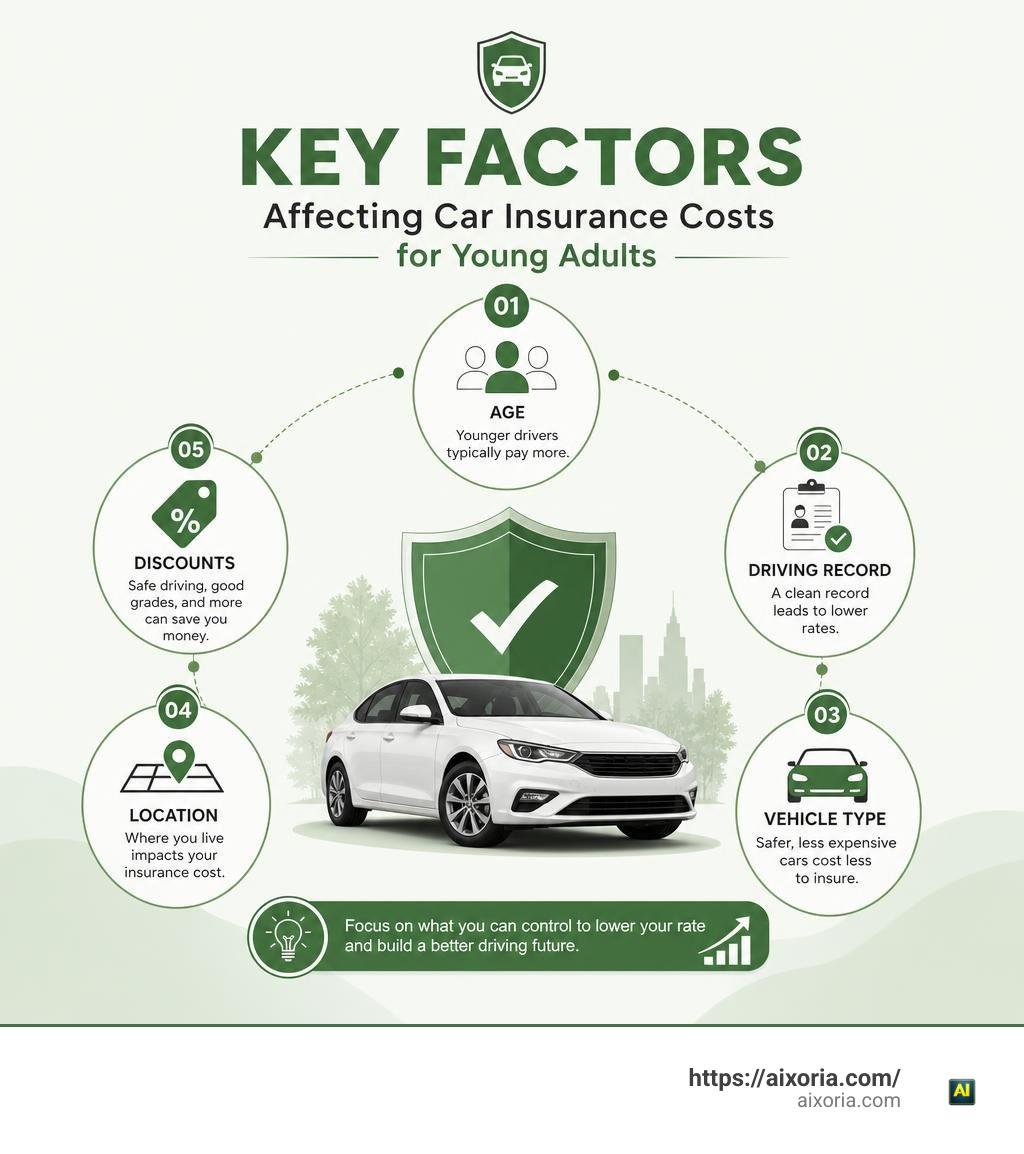 Key factors affecting car insurance costs for young adults: age, driving record, vehicle type, location, discounts