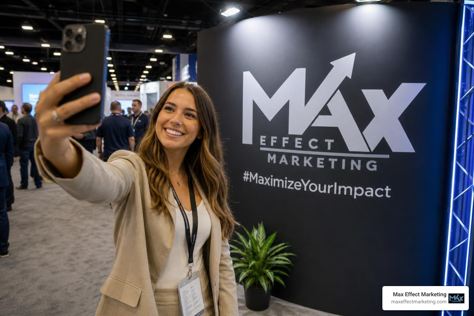 attendee taking a selfie at a dedicated photo booth with a brand hashtag
