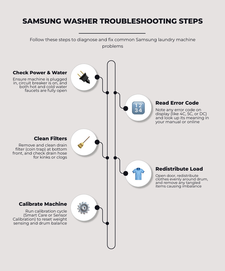 Common Samsung washer problems, error codes, and quick troubleshooting steps infographic infographic