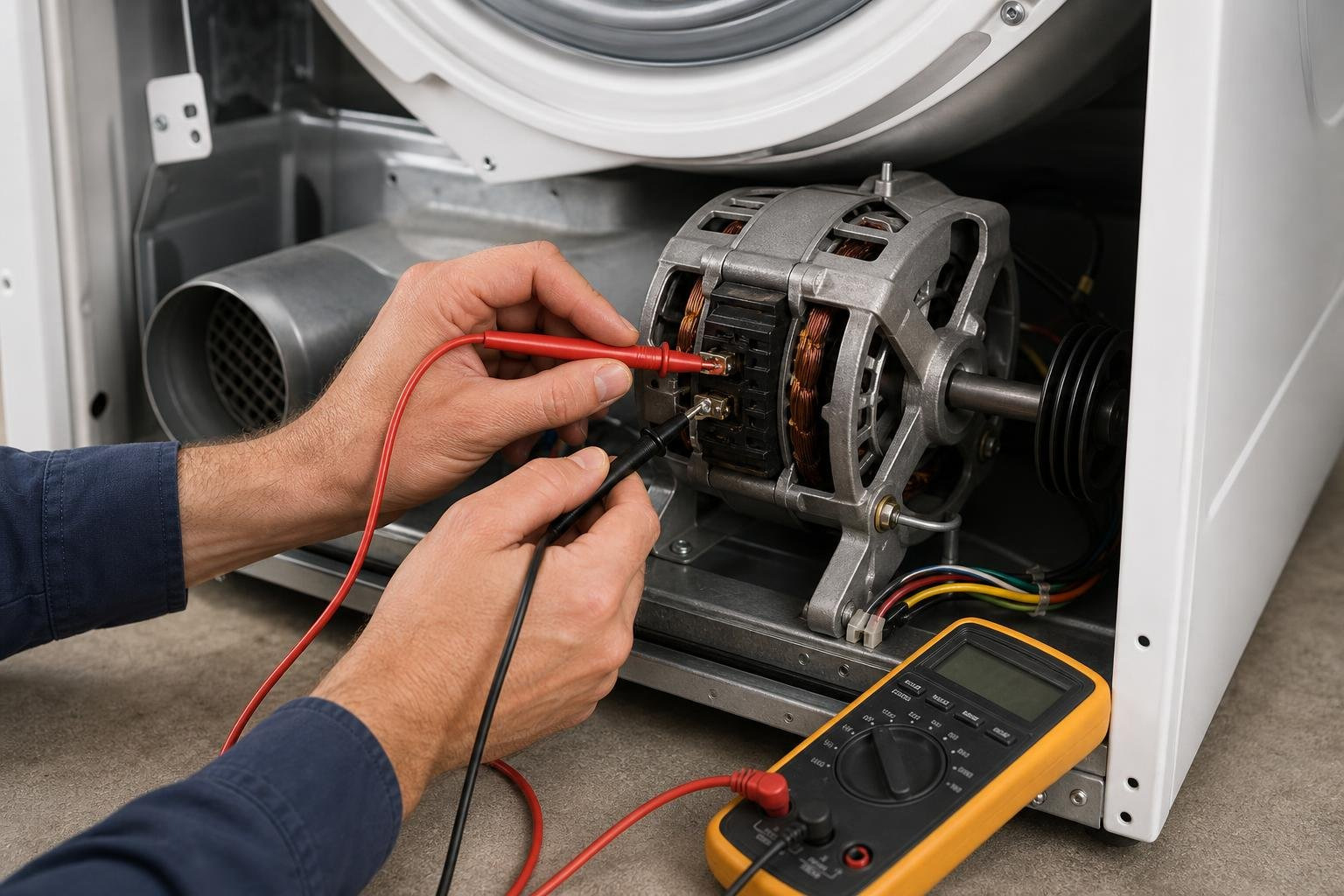 technician testing a dryer motor with a multimeter