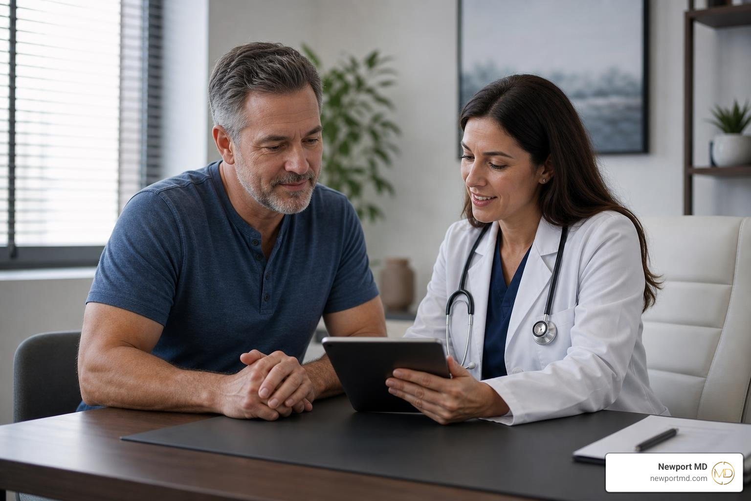 A patient consulting with a healthcare provider about testosterone replacement therapy options A patient consulting with a healthcare provider about testosterone replacement therapy options