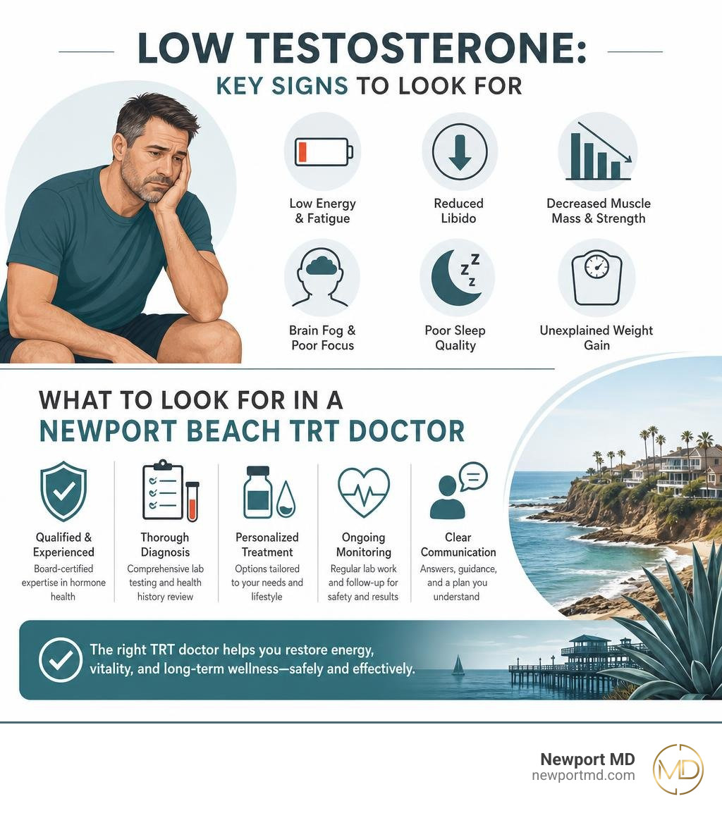 Infographic showing key signs of low testosterone and what to look for in a Newport Beach TRT doctor infographic Infographic showing key signs of low testosterone and what to look for in a Newport Beach TRT doctor infographic
