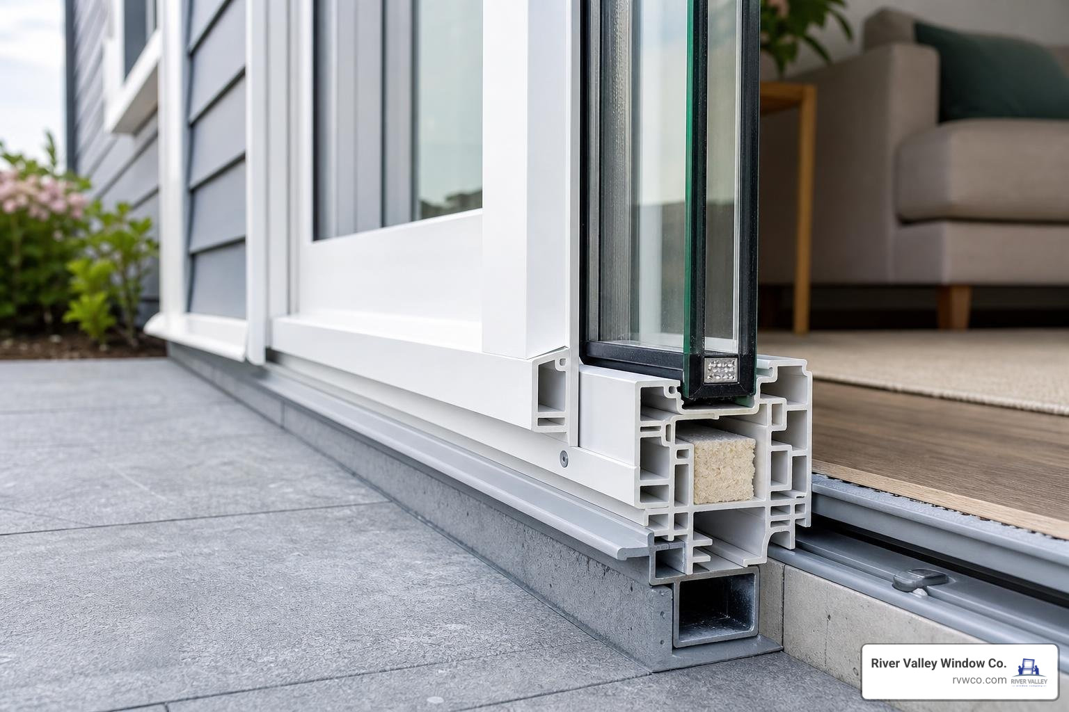 Durable patio door frame construction showing multi-chambered vinyl Durable patio door frame construction showing multi-chambered vinyl