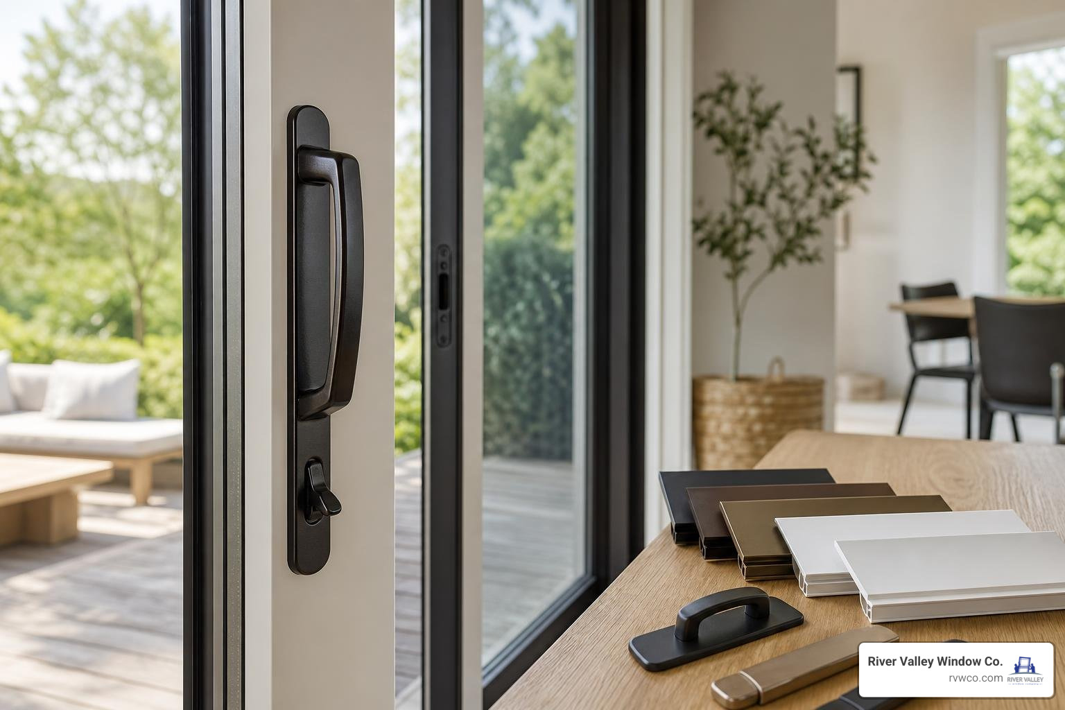 Customized patio door hardware and frame finishes Customized patio door hardware and frame finishes
