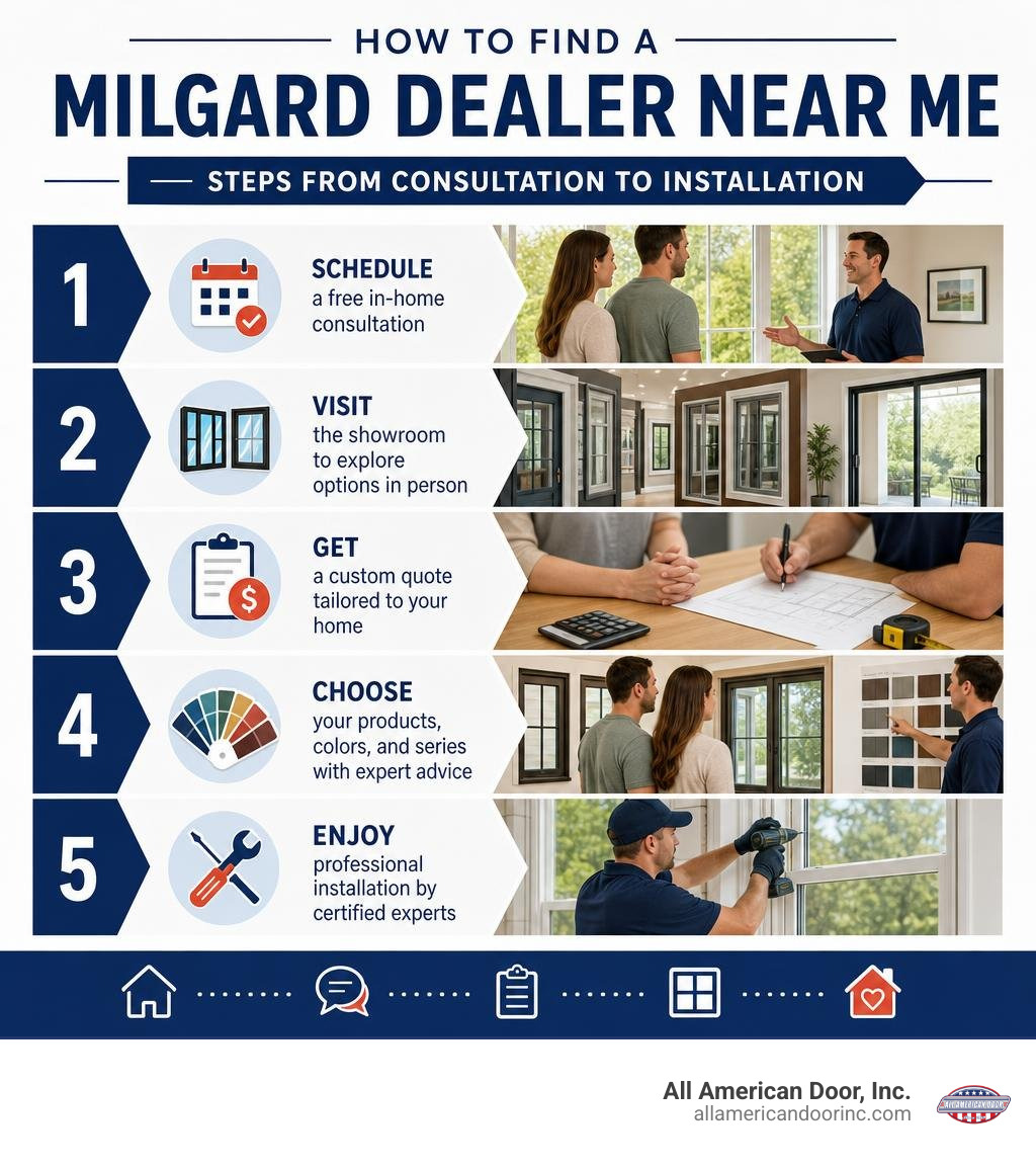 How to find a Milgard dealer near me: steps from consultation to installation infographic How to find a Milgard dealer near me: steps from consultation to installation infographic