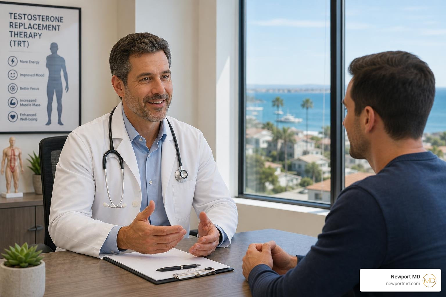 A medical doctor in Newport Beach reviewing detailed blood test results with a patient A medical doctor in Newport Beach reviewing detailed blood test results with a patient