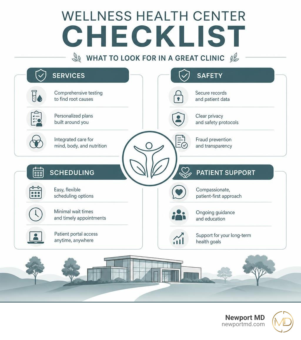 Wellness health center checklist infographic covering services, safety, scheduling, and patient support infographic