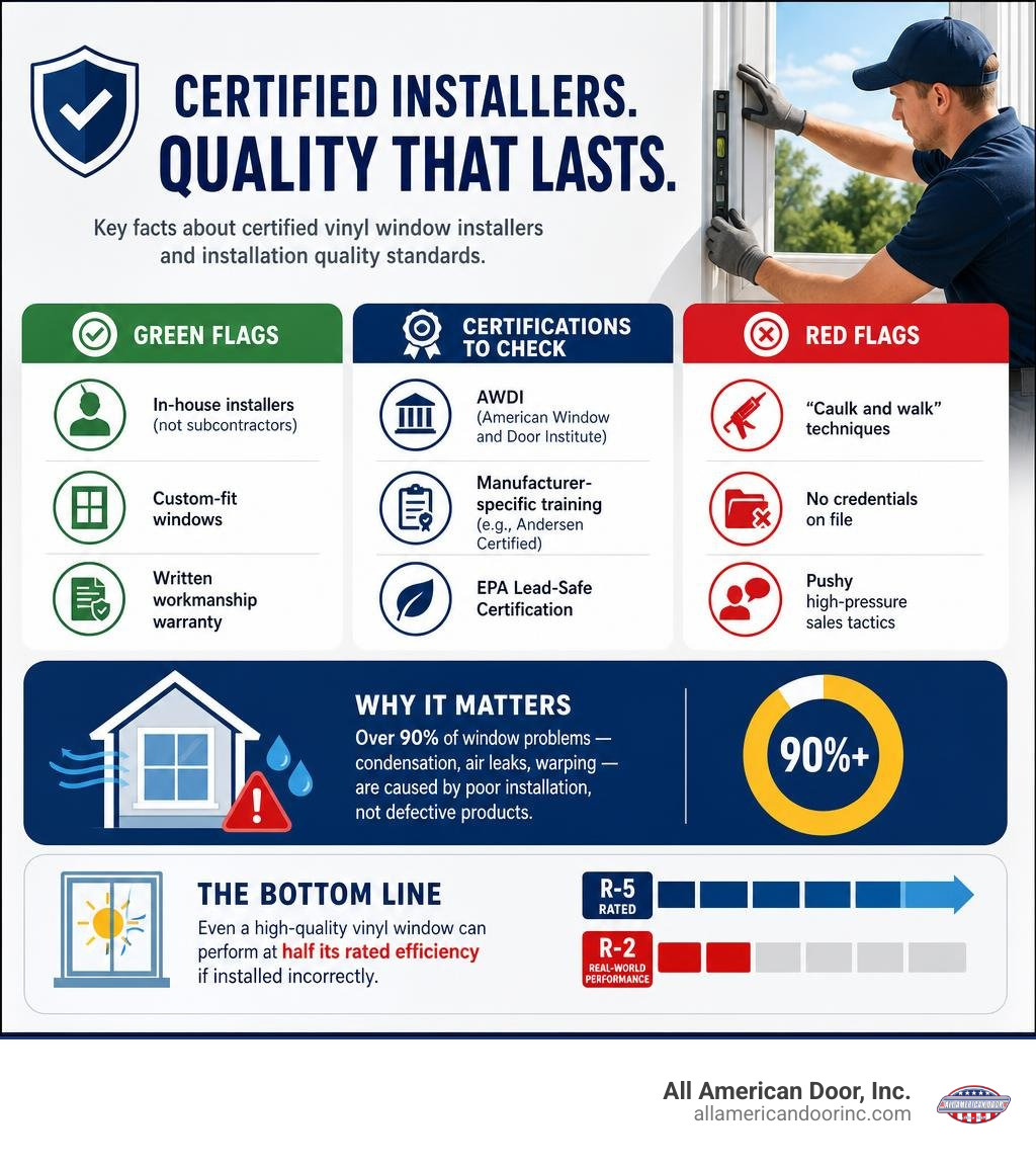 Key facts about certified vinyl window installers and installation quality standards infographic Key facts about certified vinyl window installers and installation quality standards infographic