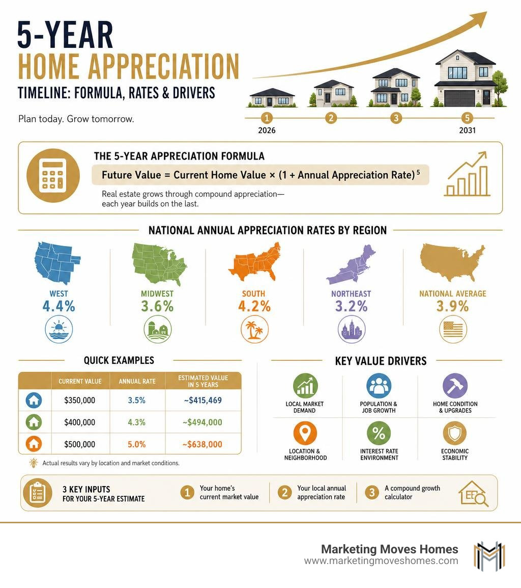 5-year home appreciation timeline infographic showing formula, national rates by region, and key value drivers infographic