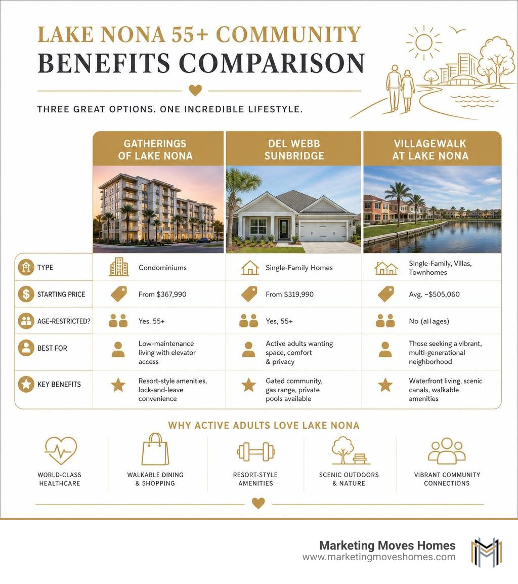 Lake Nona 55+ community benefits comparison infographic for active adults infographic