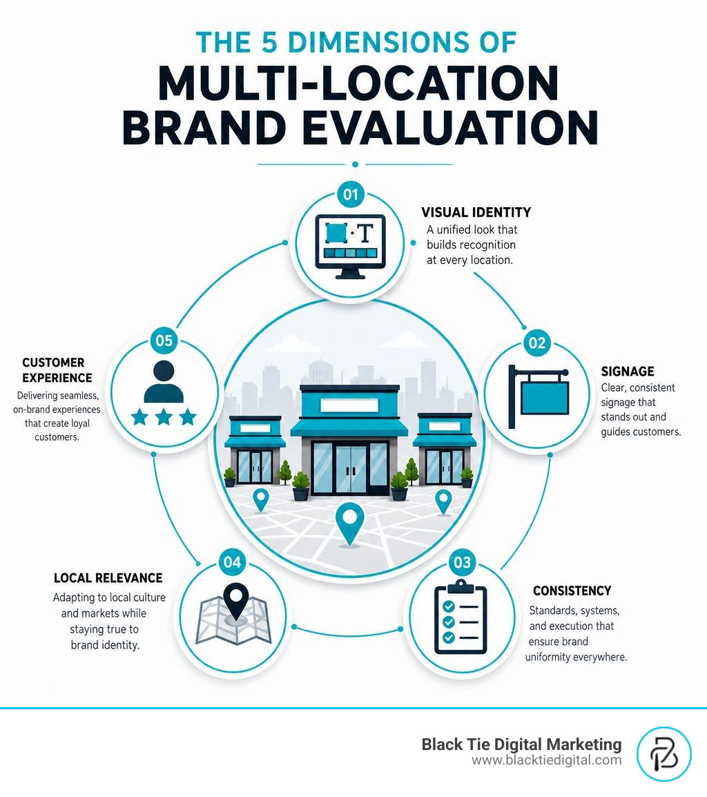 five dimensions of multi location brand evaluation including visual identity, signage, consistency, local relevance, and
