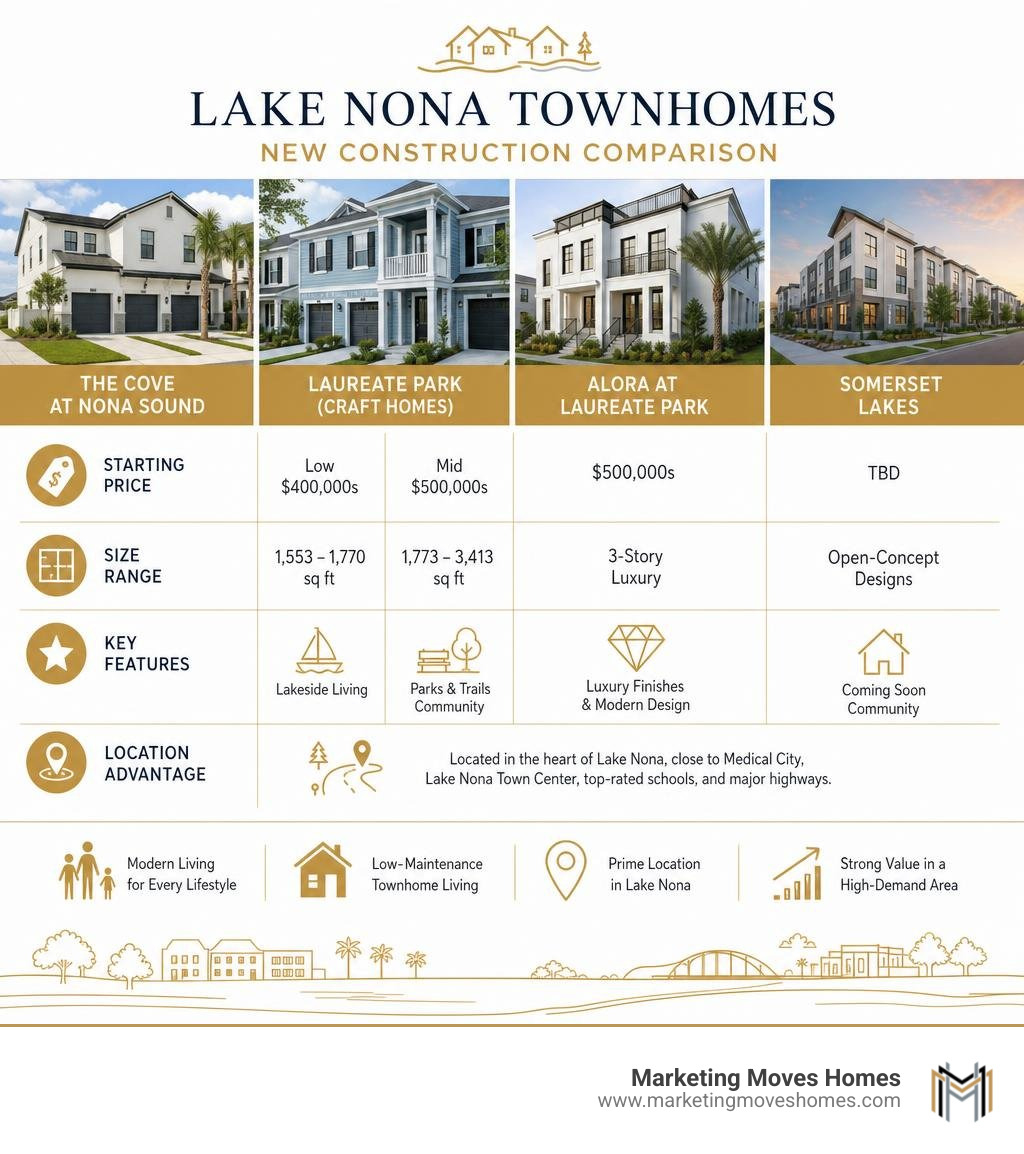 Infographic comparing Lake Nona new construction townhome communities by price, size, and key features infographic Infographic comparing Lake Nona new construction townhome communities by price, size, and key features infographic