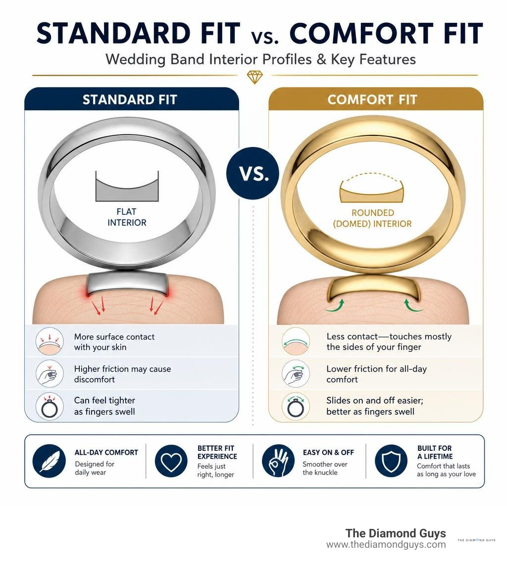 Infographic comparing standard fit vs comfort fit wedding band interior profiles and key features infographic Infographic comparing standard fit vs comfort fit wedding band interior profiles and key features infographic