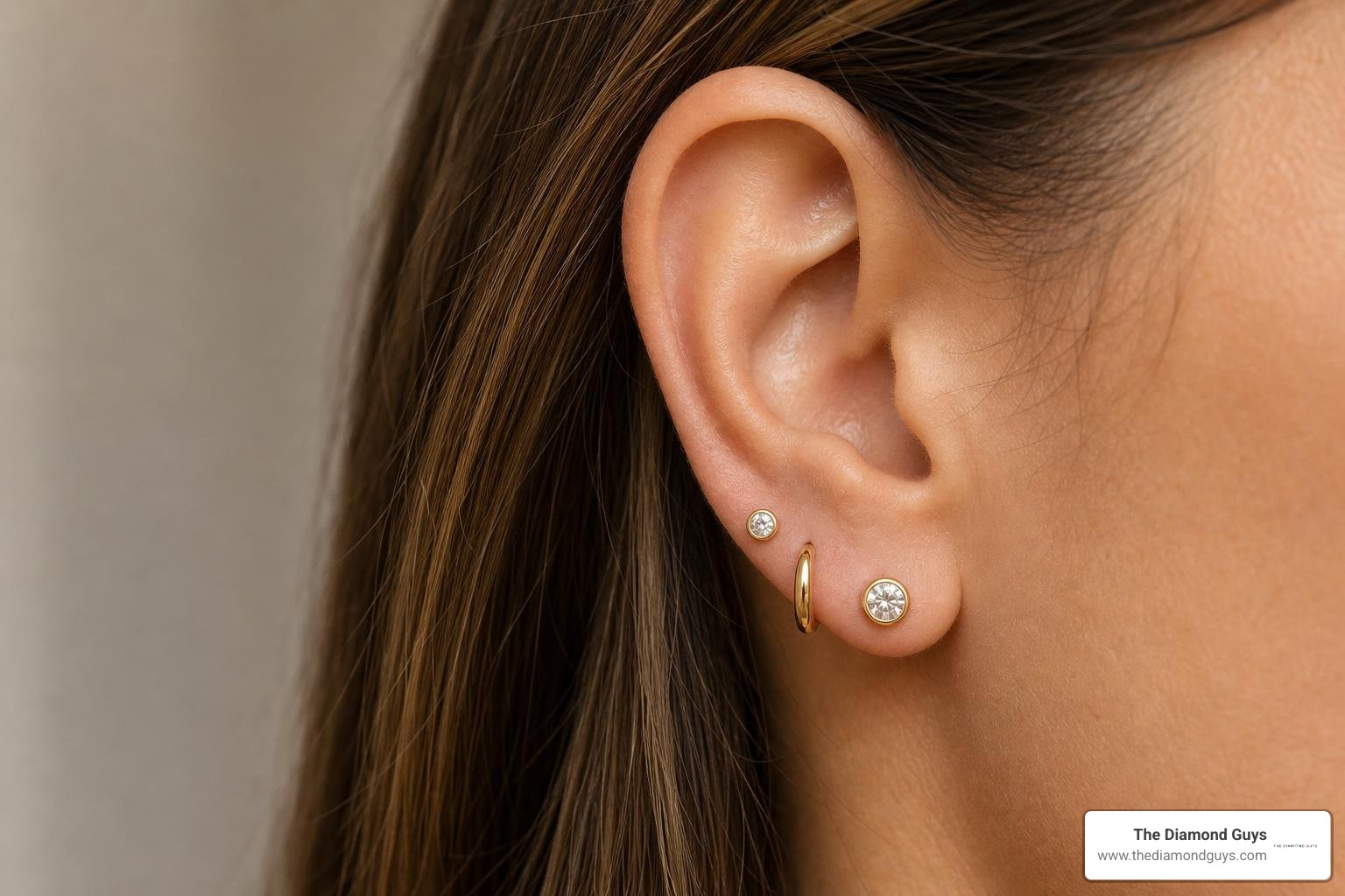 A beautifully curated ear stack featuring a mix of single bezel-set diamond studs and small hoops A beautifully curated ear stack featuring a mix of single bezel-set diamond studs and small hoops