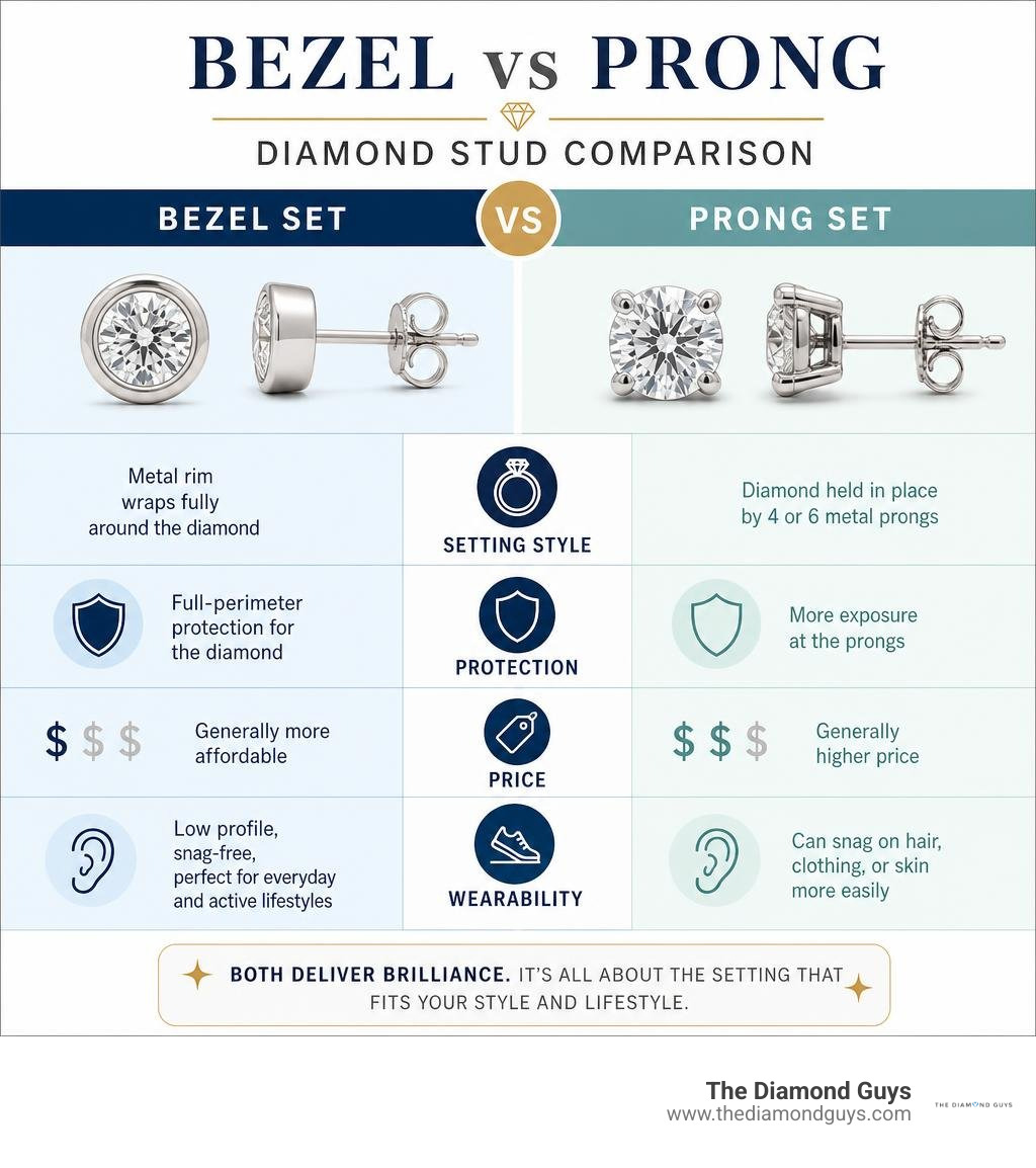 Bezel vs prong diamond stud comparison: setting style, protection, price, and wearability infographic Bezel vs prong diamond stud comparison: setting style, protection, price, and wearability infographic