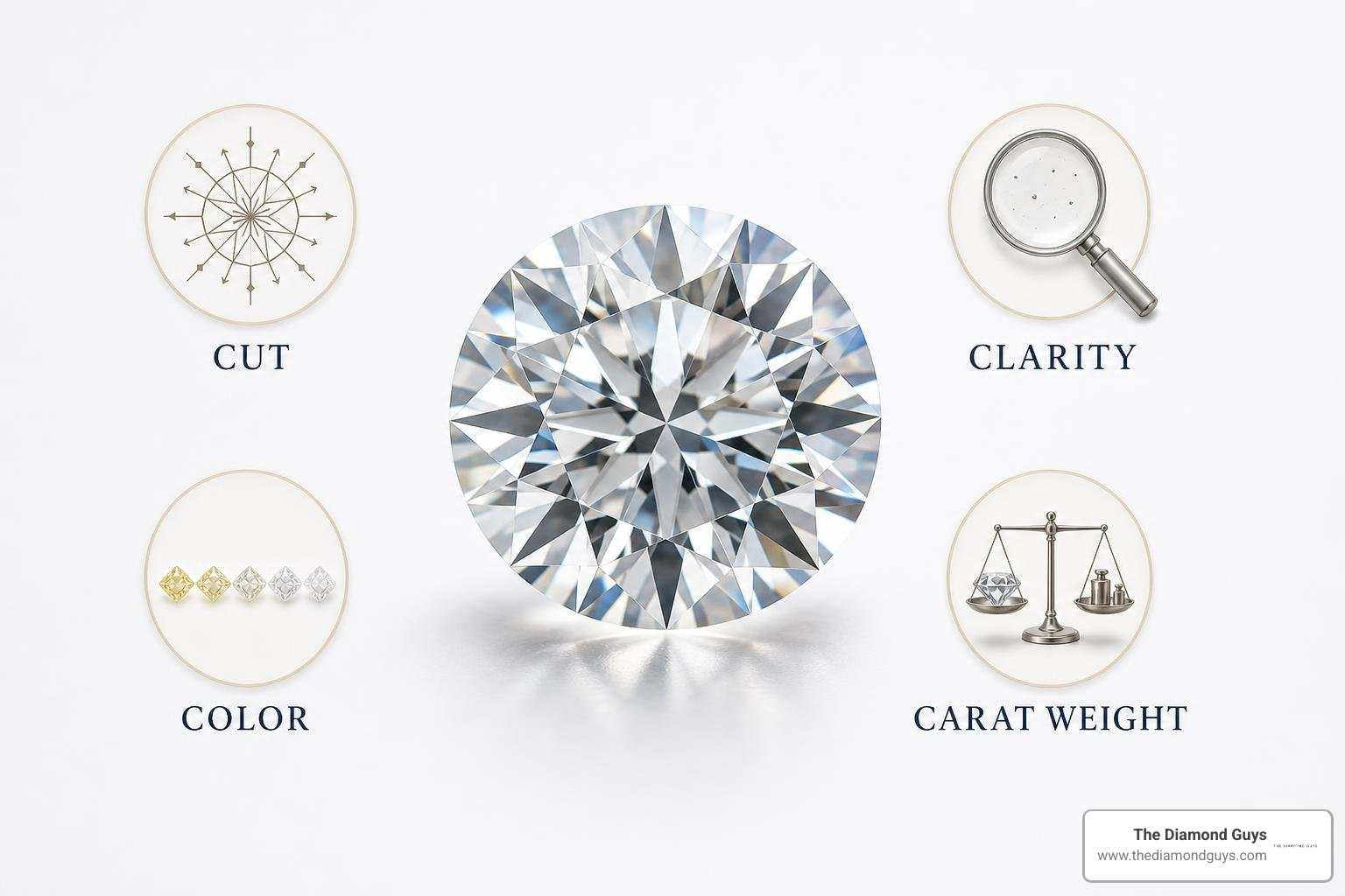 Image illustrating the 4 Cs: Cut, Color, Clarity, and Carat weight