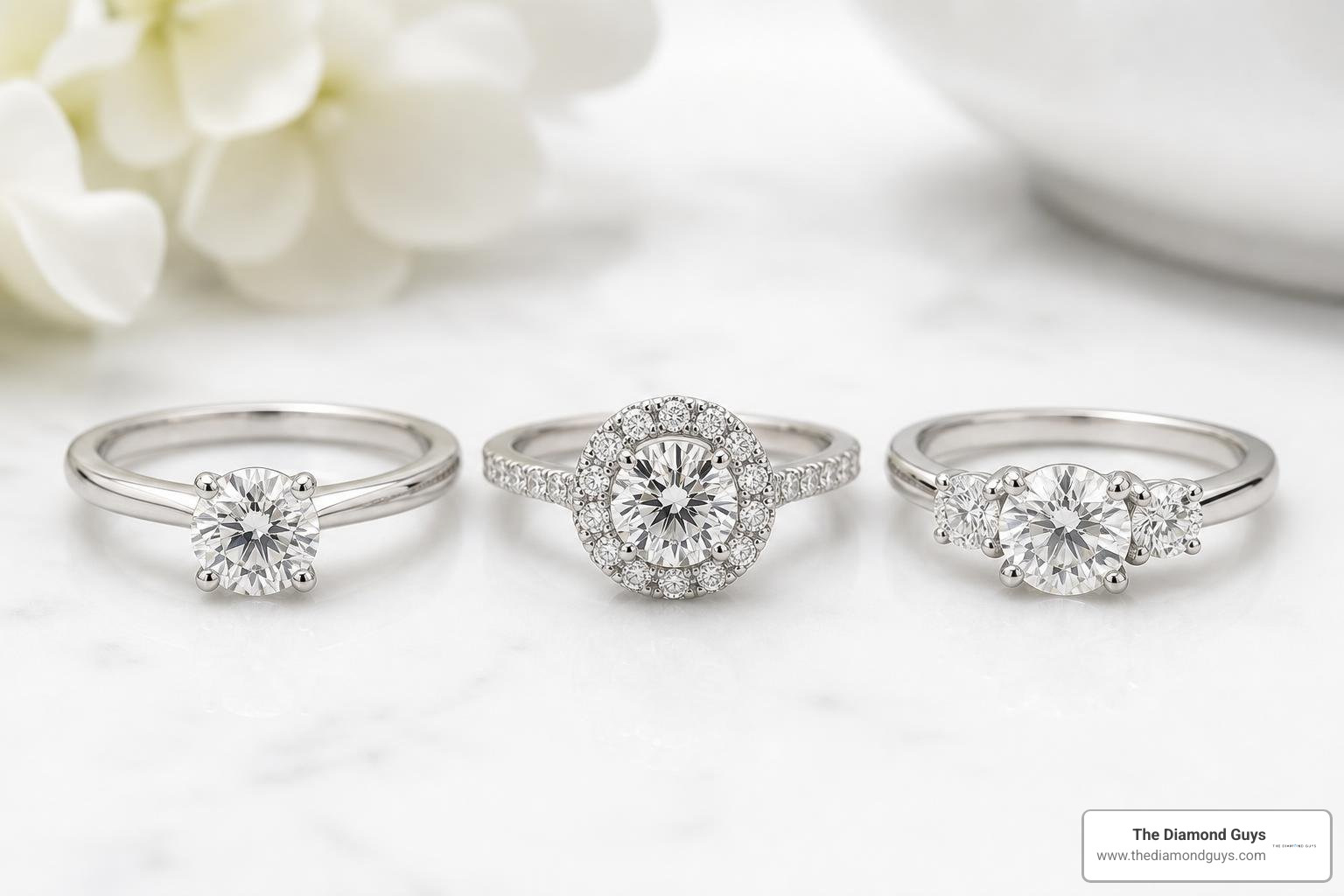Image showing various custom diamond settings like solitaire, halo, and three-stone
