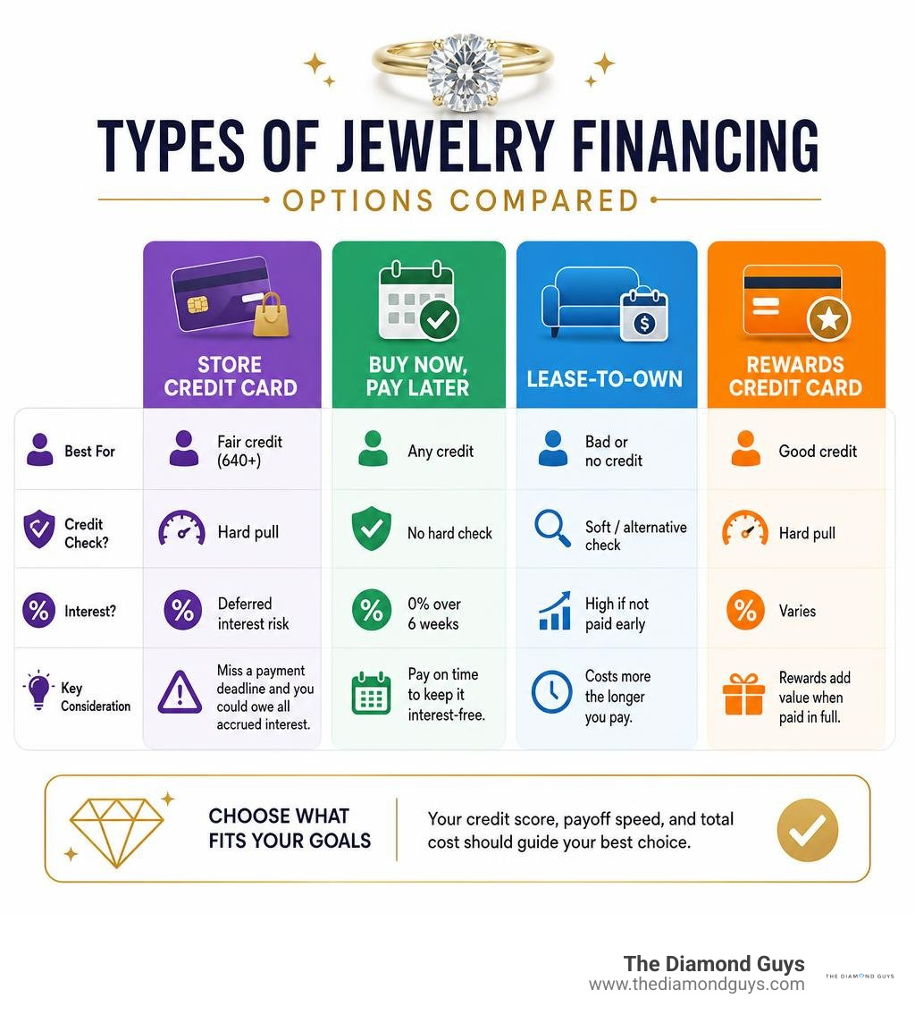 Types of jewelry financing options: store cards, BNPL, lease-to-own, and rewards cards compared infographic Types of jewelry financing options: store cards, BNPL, lease-to-own, and rewards cards compared infographic