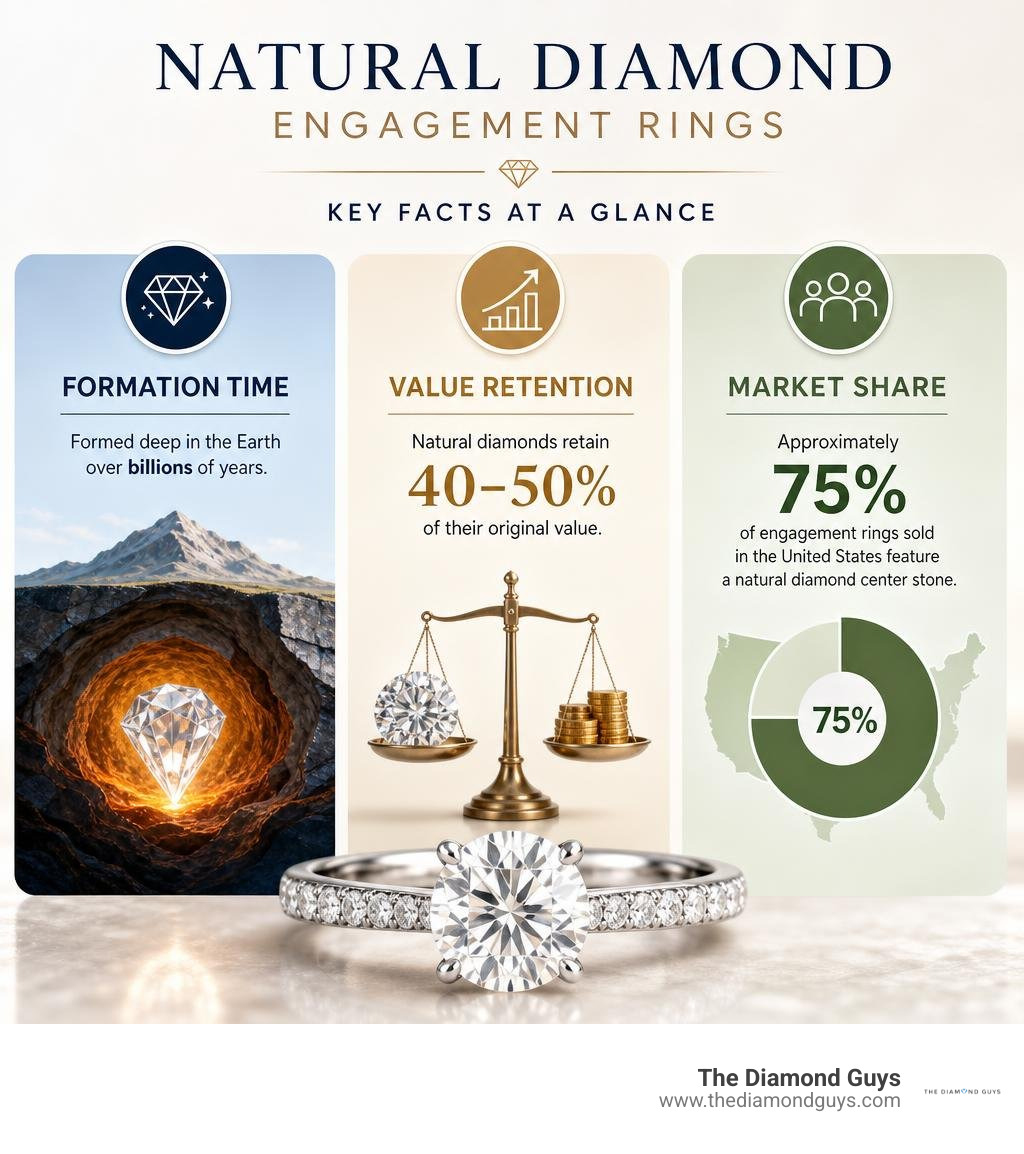Infographic summarizing key facts about natural diamond engagement rings: formation time, value retention, market share