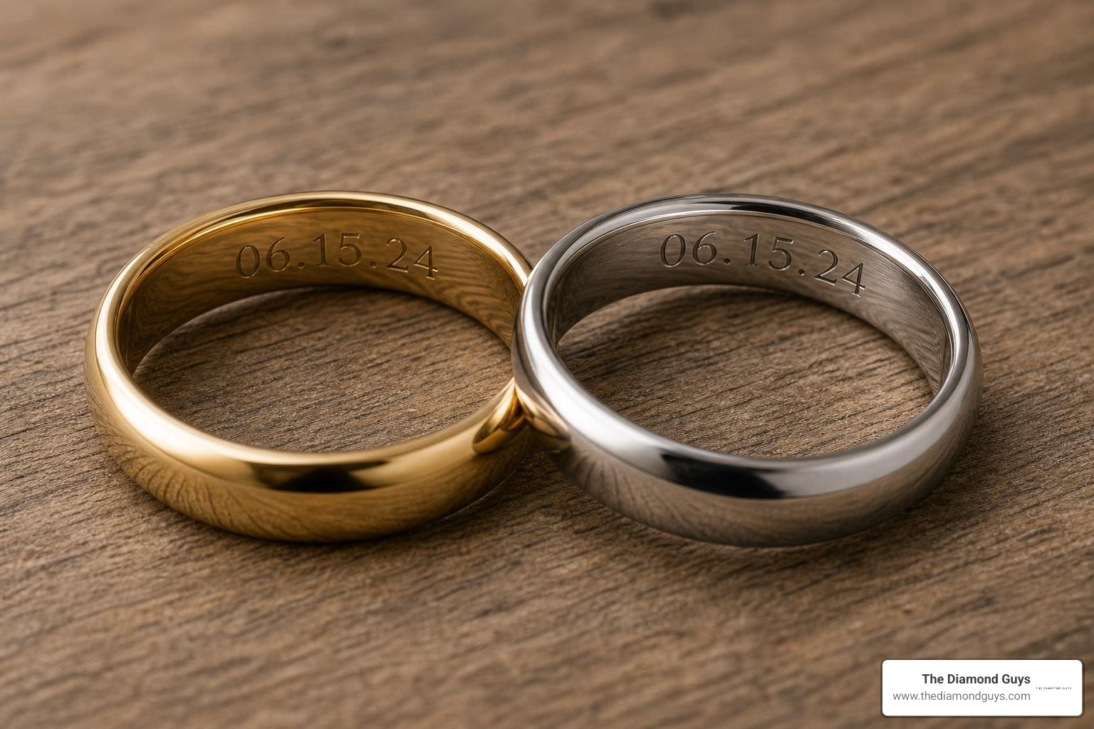 Engraved yellow and white gold 5mm comfort fit wedding bands with custom dates