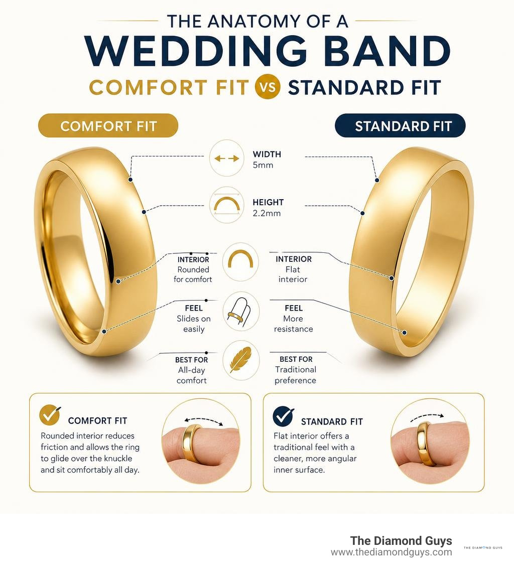 Anatomy of a comfort fit wedding band vs standard fit, key features labeled infographic