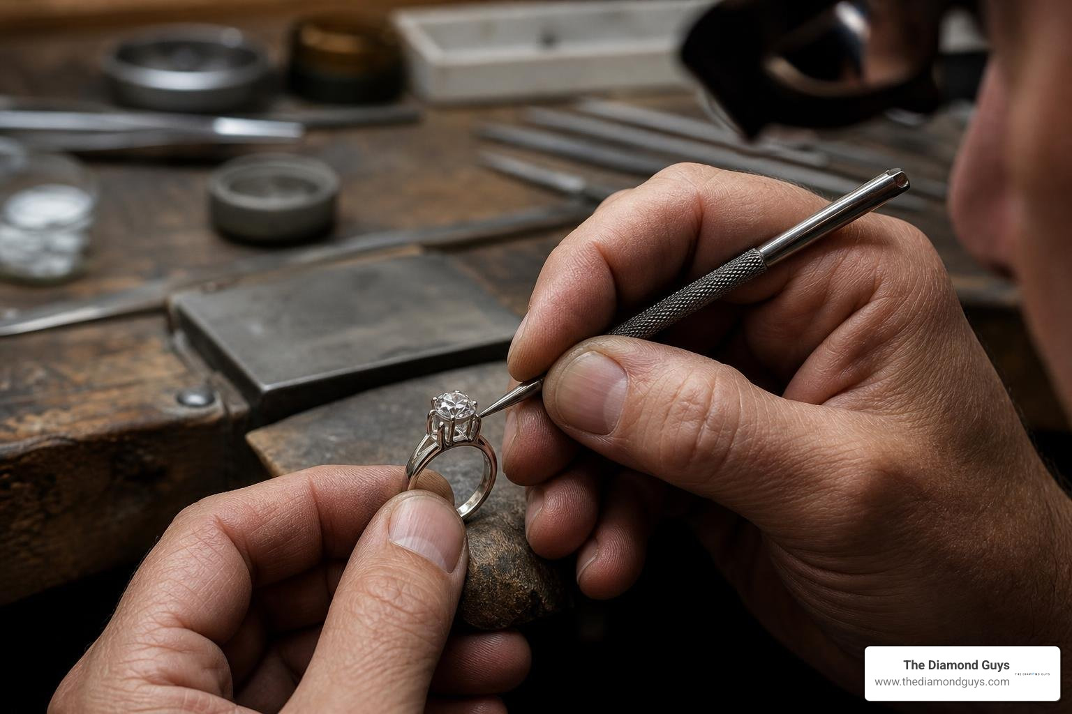 Master jeweler hand-setting a custom diamond into a ring setting