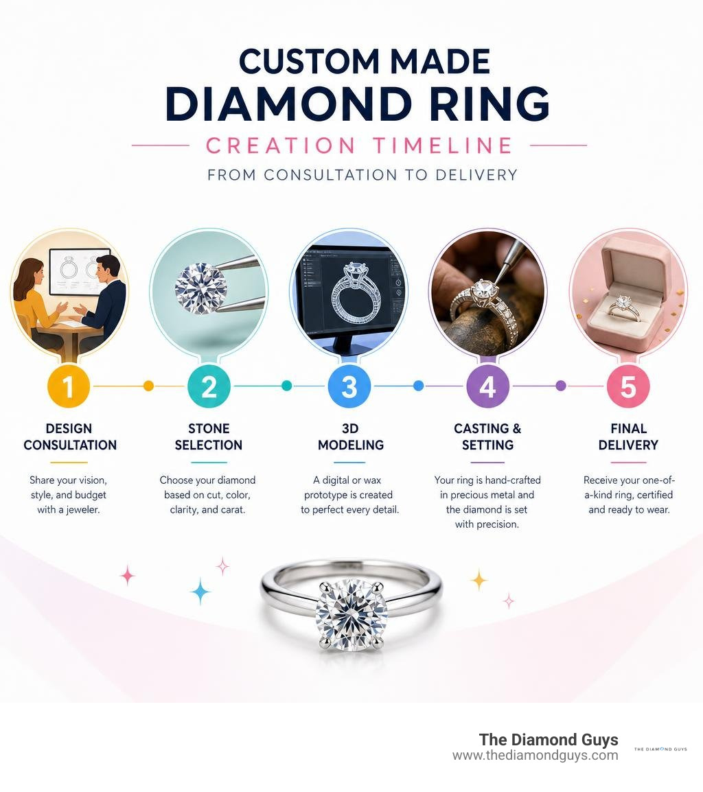 Custom made diamond ring creation timeline — from consultation to delivery infographic