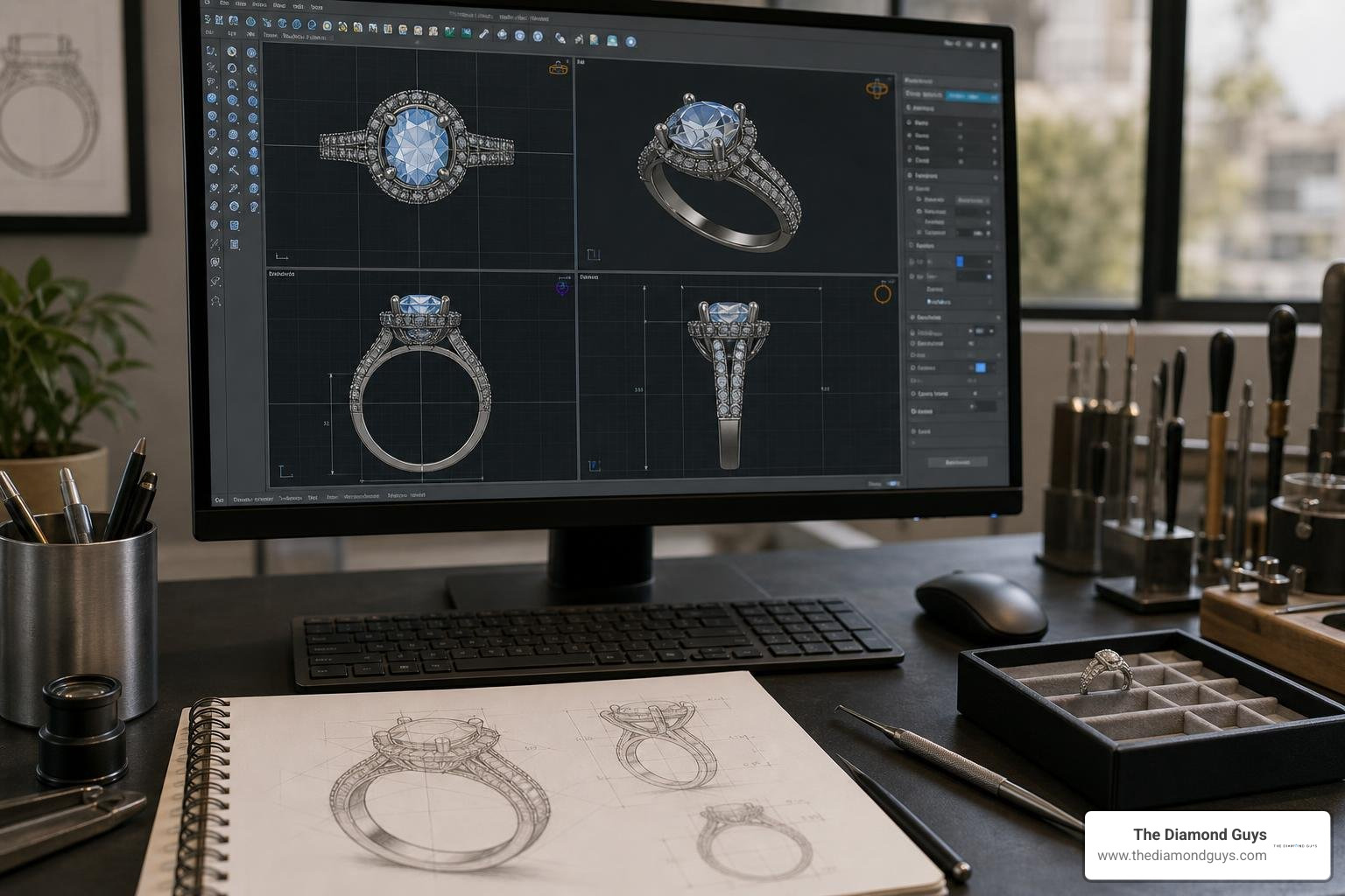 3D CAD design of a custom diamond ring setting