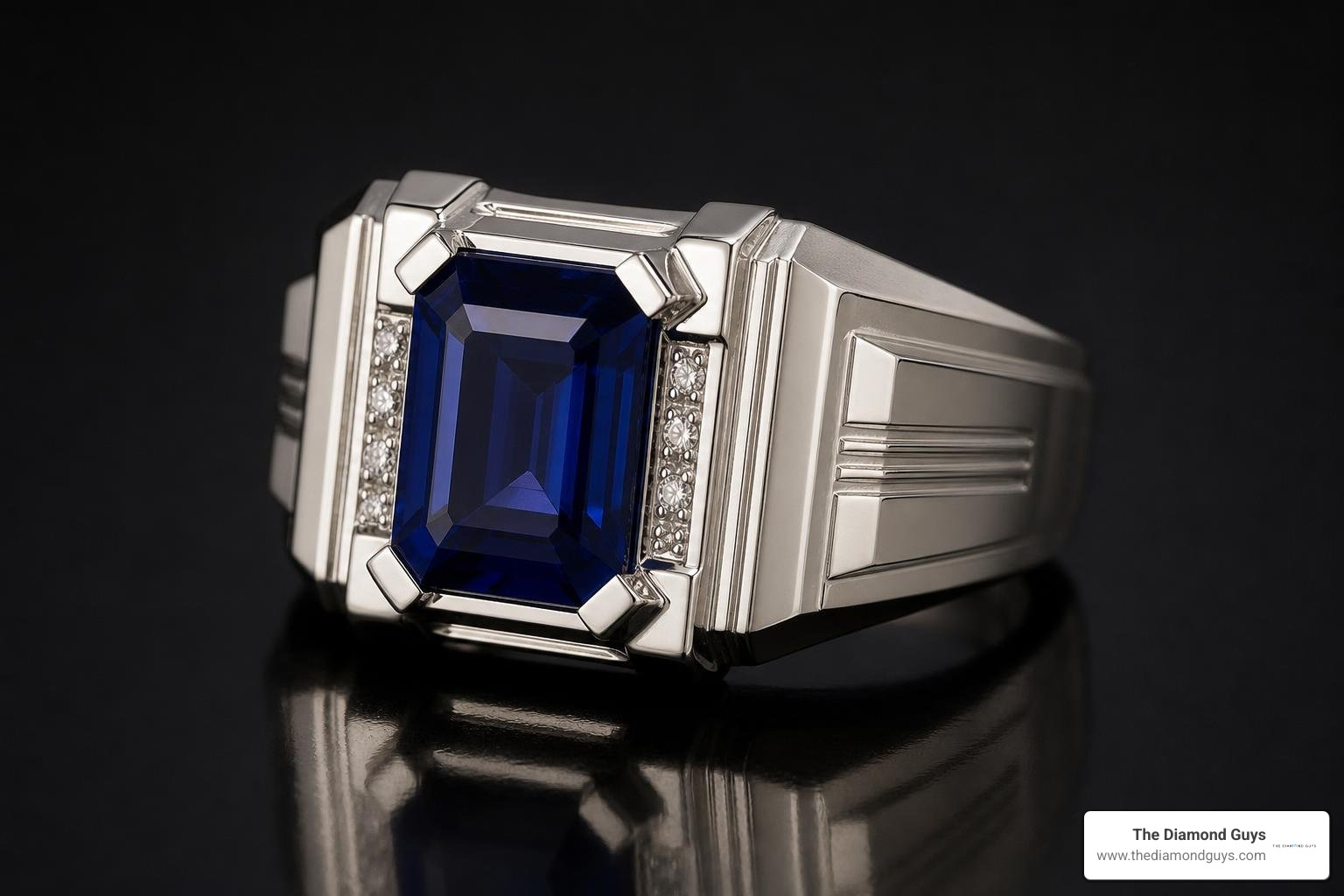 Mens white gold sapphire ring in a bold geometric Art Deco setting Mens white gold sapphire ring in a bold geometric Art Deco setting