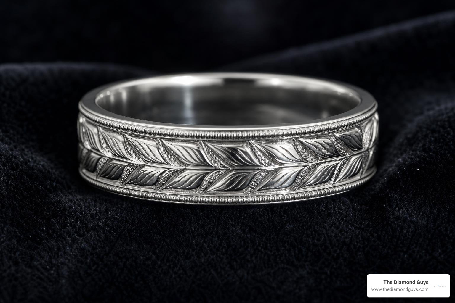 Art Deco hand-engraved white gold ring showing intricate wheat pattern Art Deco hand-engraved white gold ring showing intricate wheat pattern