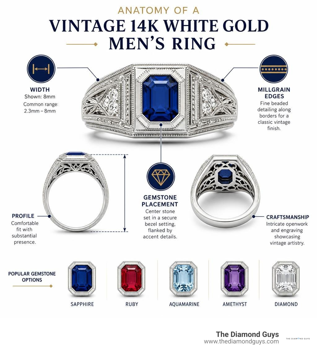 Infographic: anatomy of a vintage 14k white gold men's ring showing width, millgrain edges, and gemstone placement Infographic: anatomy of a vintage 14k white gold men's ring showing width, millgrain edges, and gemstone placement