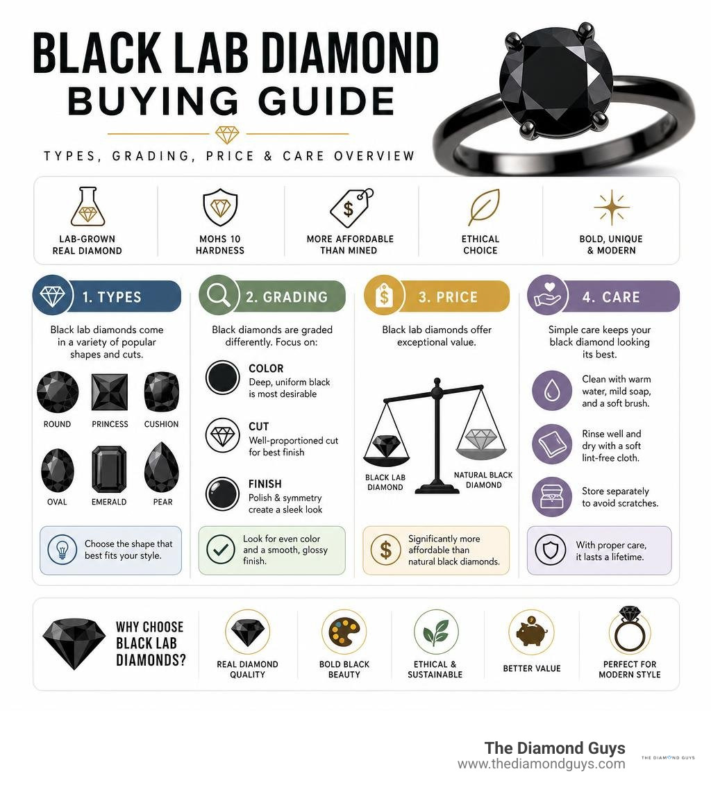 Black lab diamond buying guide: types, grading, price, and care overview infographic Black lab diamond buying guide: types, grading, price, and care overview infographic