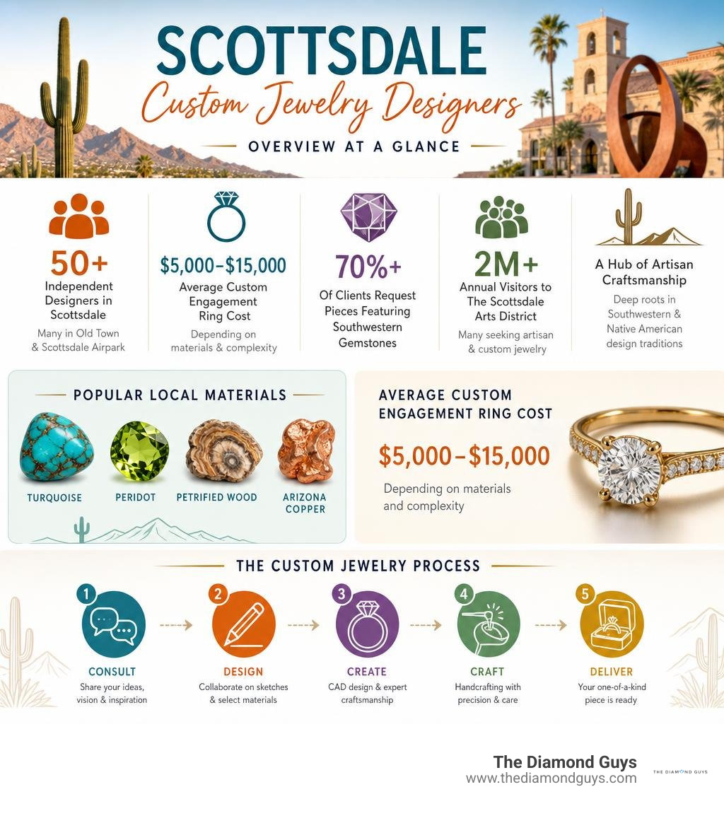 Overview infographic of Scottsdale custom jewelry designers: stats, materials, costs, and process steps infographic Overview infographic of Scottsdale custom jewelry designers: stats, materials, costs, and process steps infographic