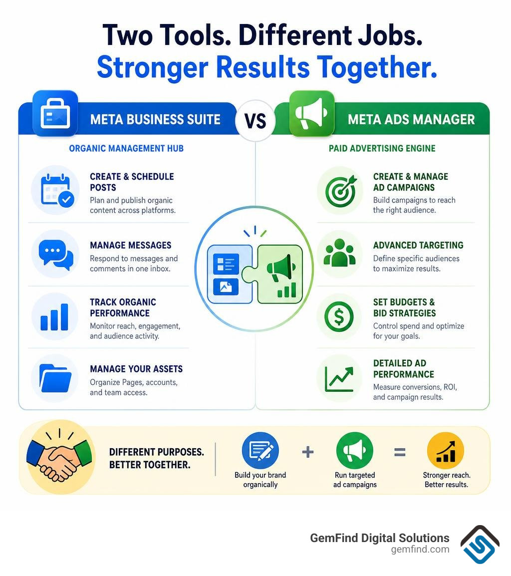 Infographic comparing Meta Business Suite organic management vs Meta Ads Manager paid advertising features infographic