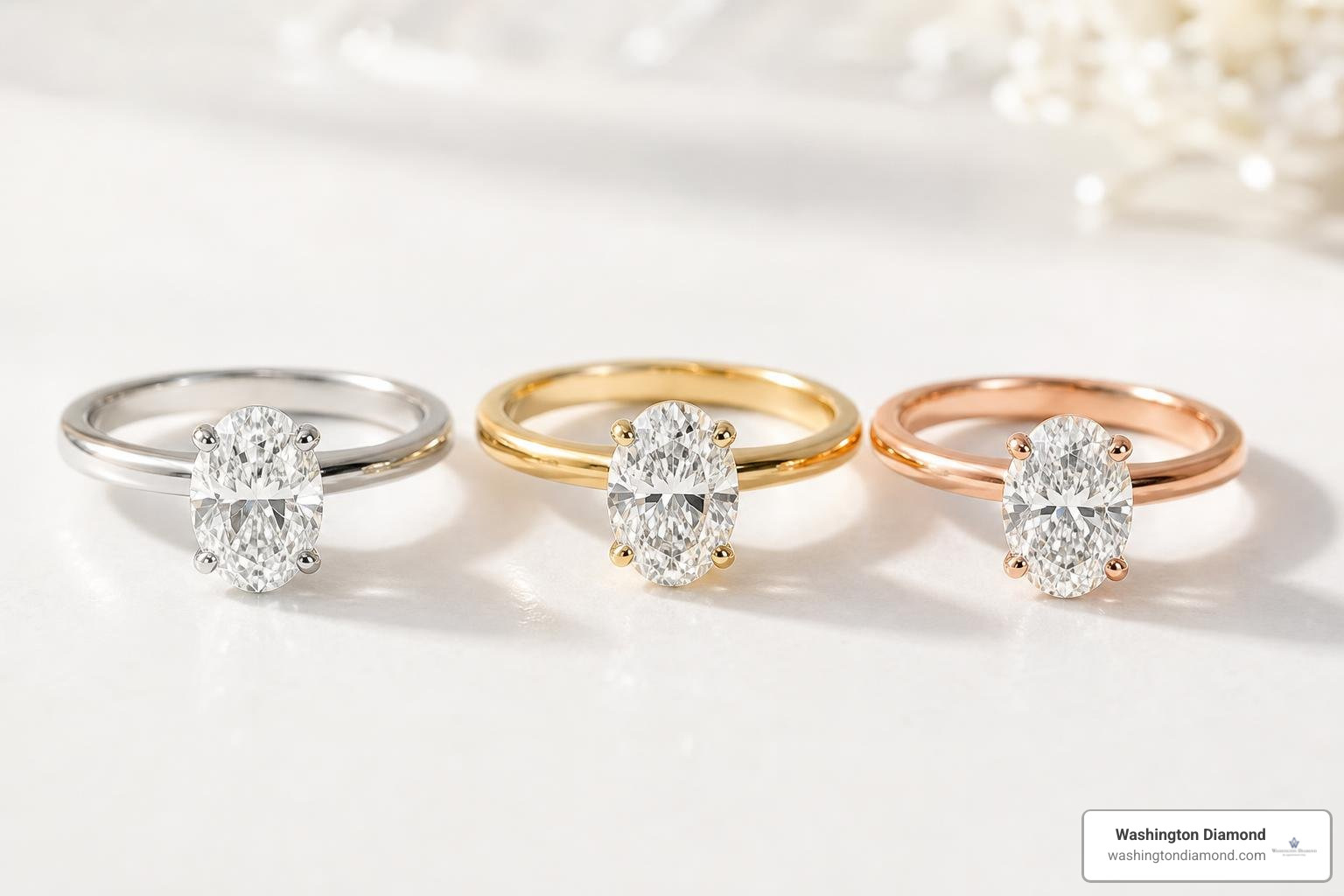 Various metal bands including yellow gold and platinum with oval diamonds Various metal bands including yellow gold and platinum with oval diamonds