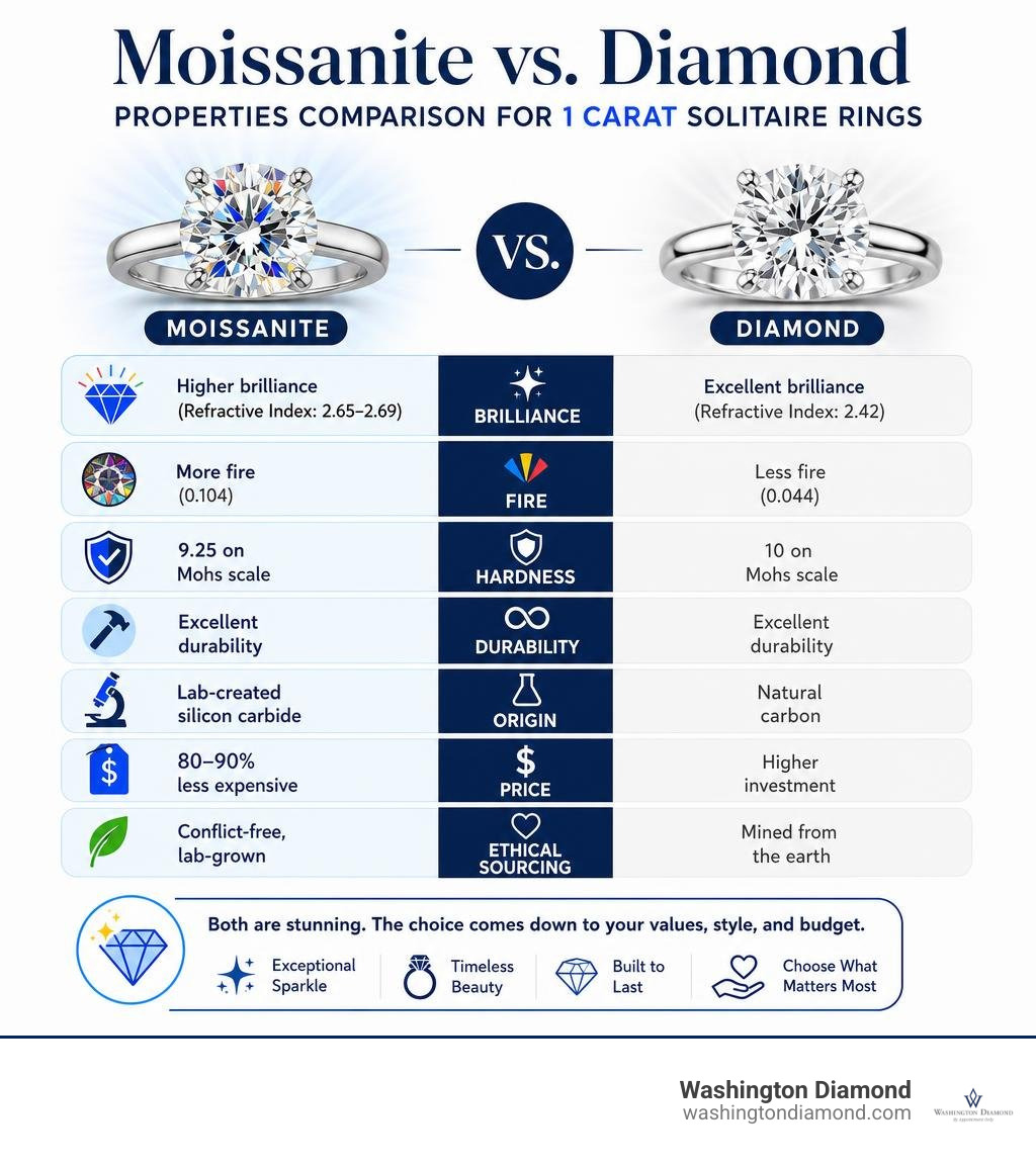 Moissanite vs diamond properties comparison infographic for 1 carat solitaire rings infographic Moissanite vs diamond properties comparison infographic for 1 carat solitaire rings infographic
